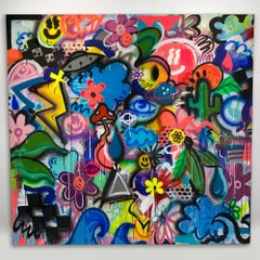 Galactic Gardens, bright happy maximalist graffiti abstract on canvas