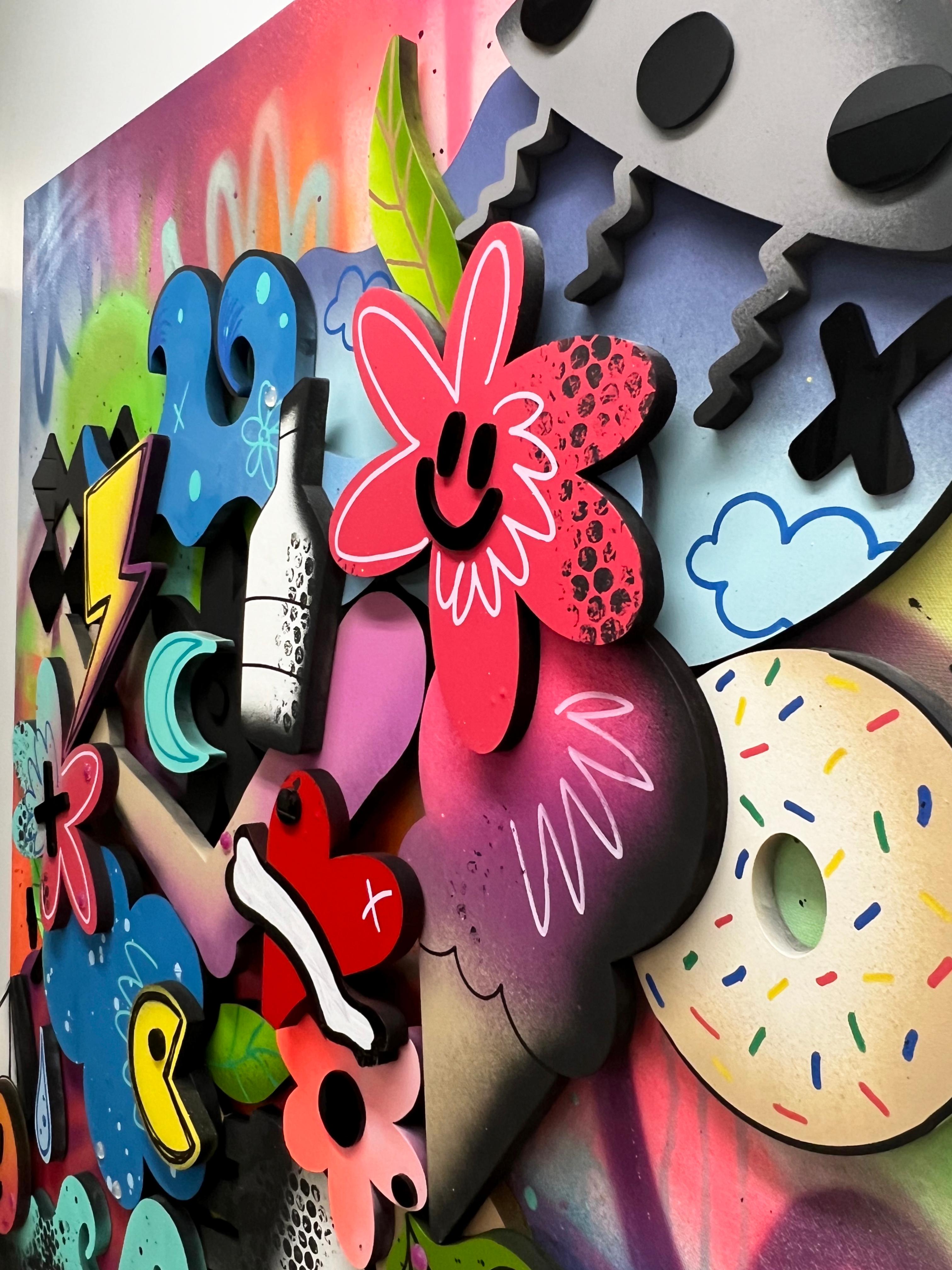 Island of My Mind, escultura mural graffiti 3D, pintura en aerosol, mdf, abstracto, 2022 - Painting de Chris Solcz