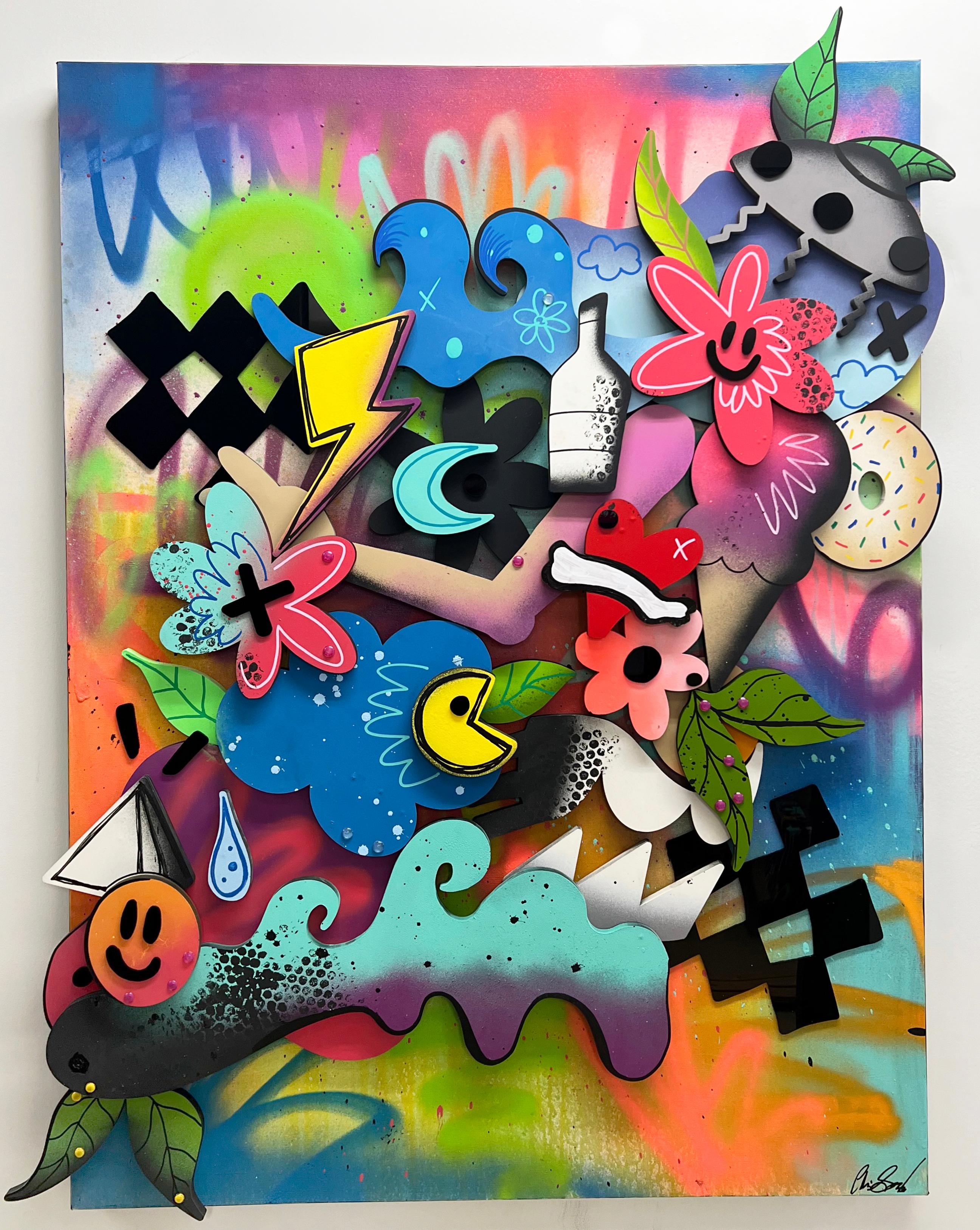 Abstract Painting Chris Solcz - Island of My Mind, sculpture murale graffiti 3D, peinture à la bombe, mdf, abstrait, 2022