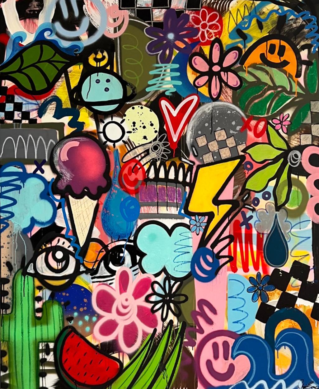 Chris Solcz Abstract Painting – Tropic Thunder, großes abstraktes, farbenfrohes Graffiti-Abstraktes Gemälde auf Leinwand, 2022