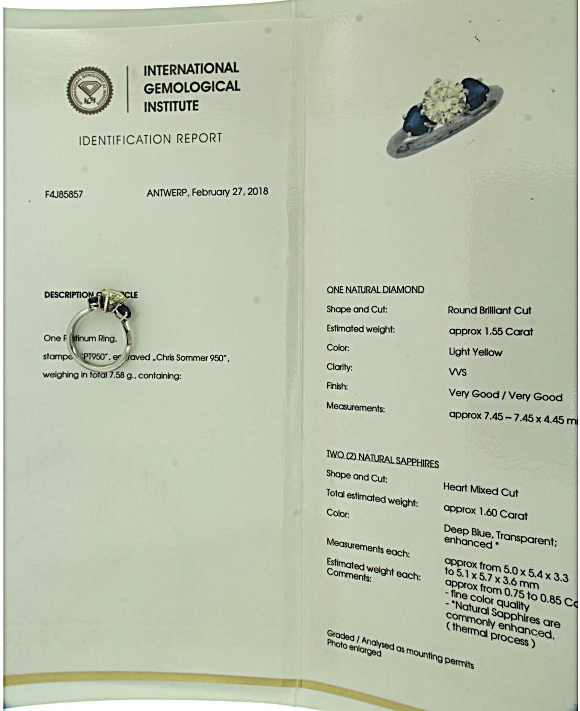IGI jewelrap. Chris Sommer Anillo de platino engastado con zafiro y diamante talla brillante total aproximado de 1,55 ct - Amarillo claro - VVS - talla del anillo EE.UU. 7,75 - UE. 18(57)

descripción detallada:

El anillo es según el informe de