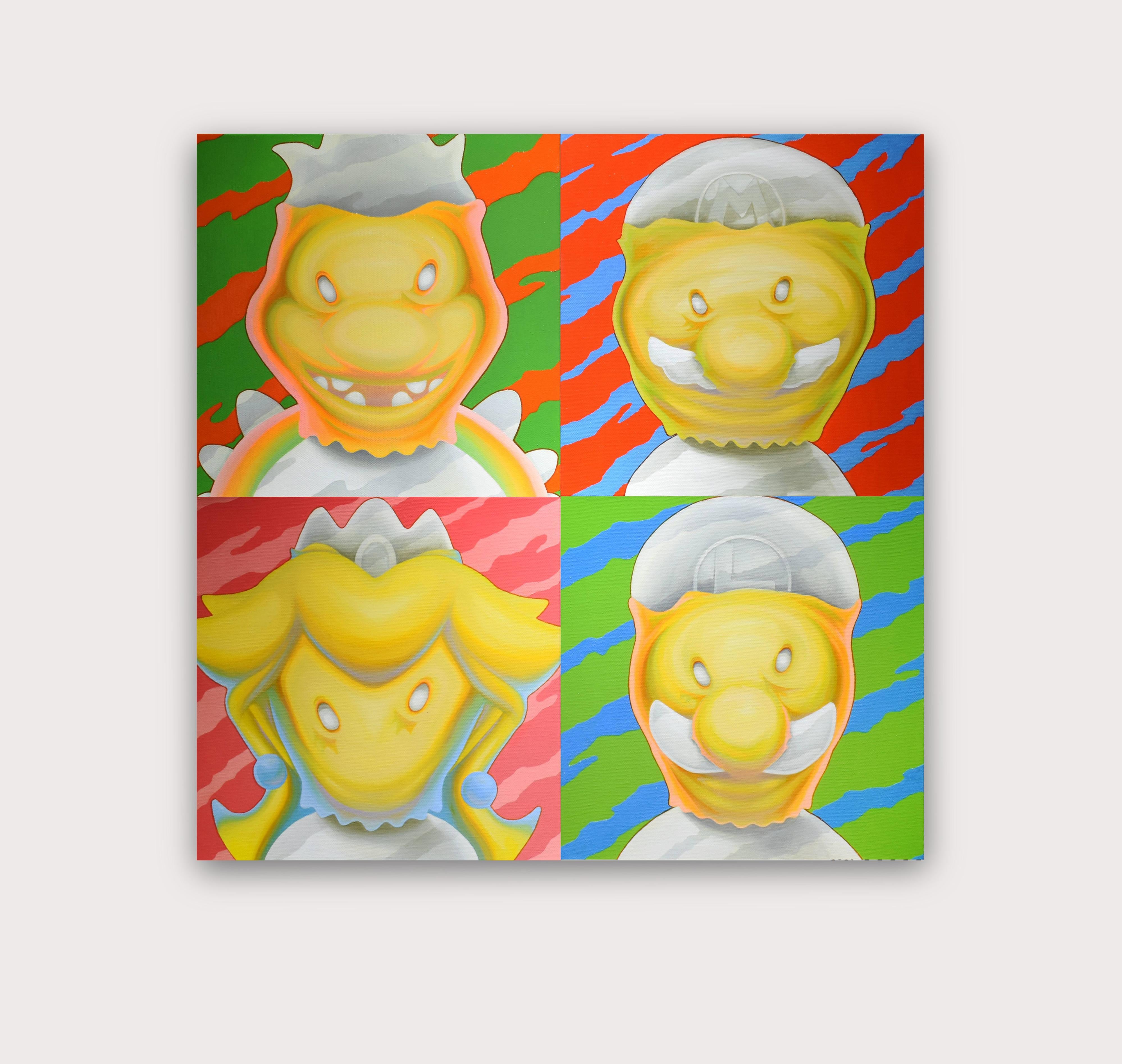 Look Back Classic. Inspired By Super Mario. Quadriptych Painted in Pop Art. - Painting by Chris Tan