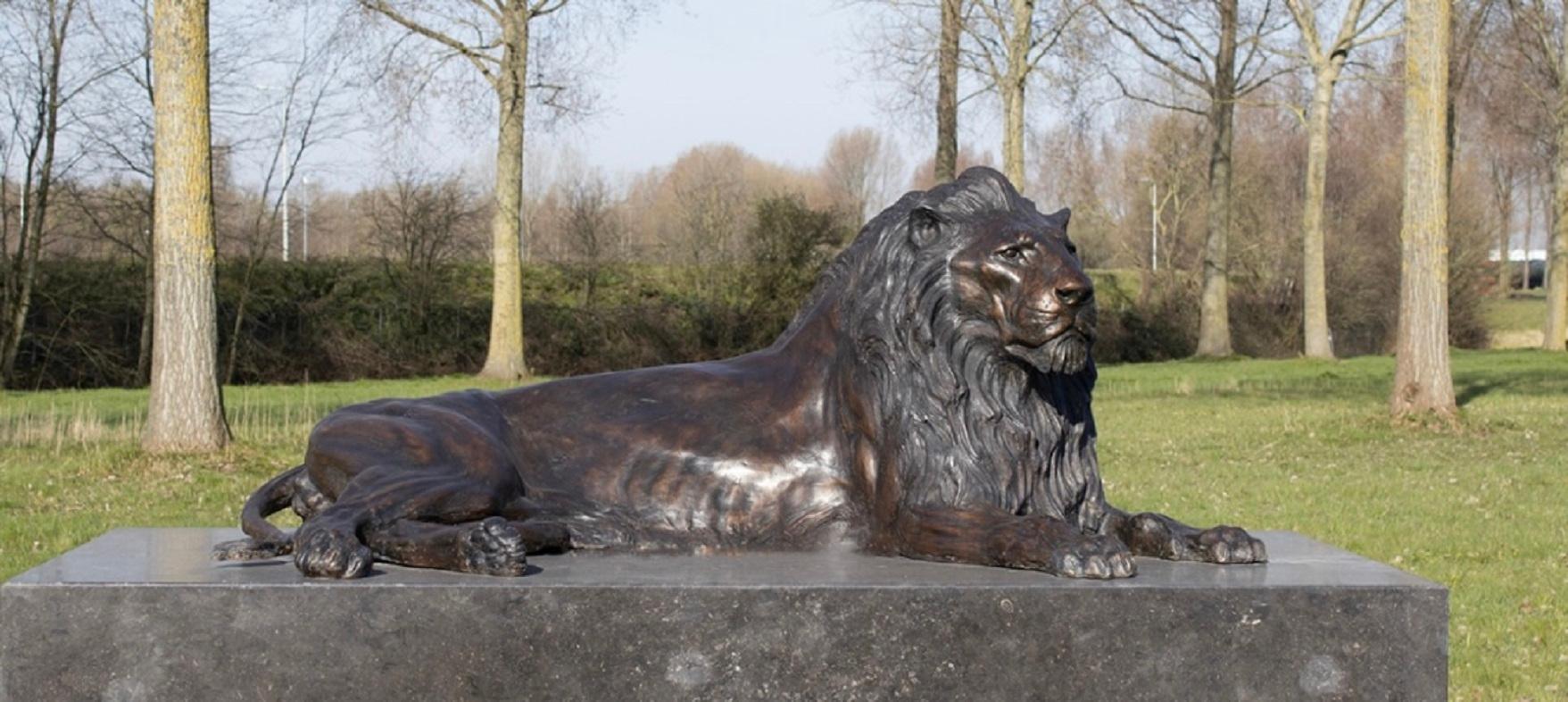 Figurative Sculpture Chris Tap - Sculpture de lion couché sur duvet en bronze - Grande statue - Réalisme néerlandais