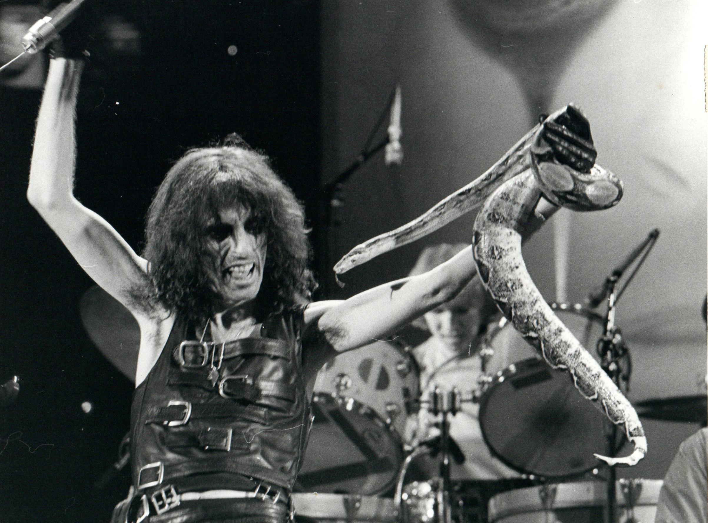 Chris Walter Black and White Photograph - Alice Cooper Performing with Boa Snake Vintage Original Photograph