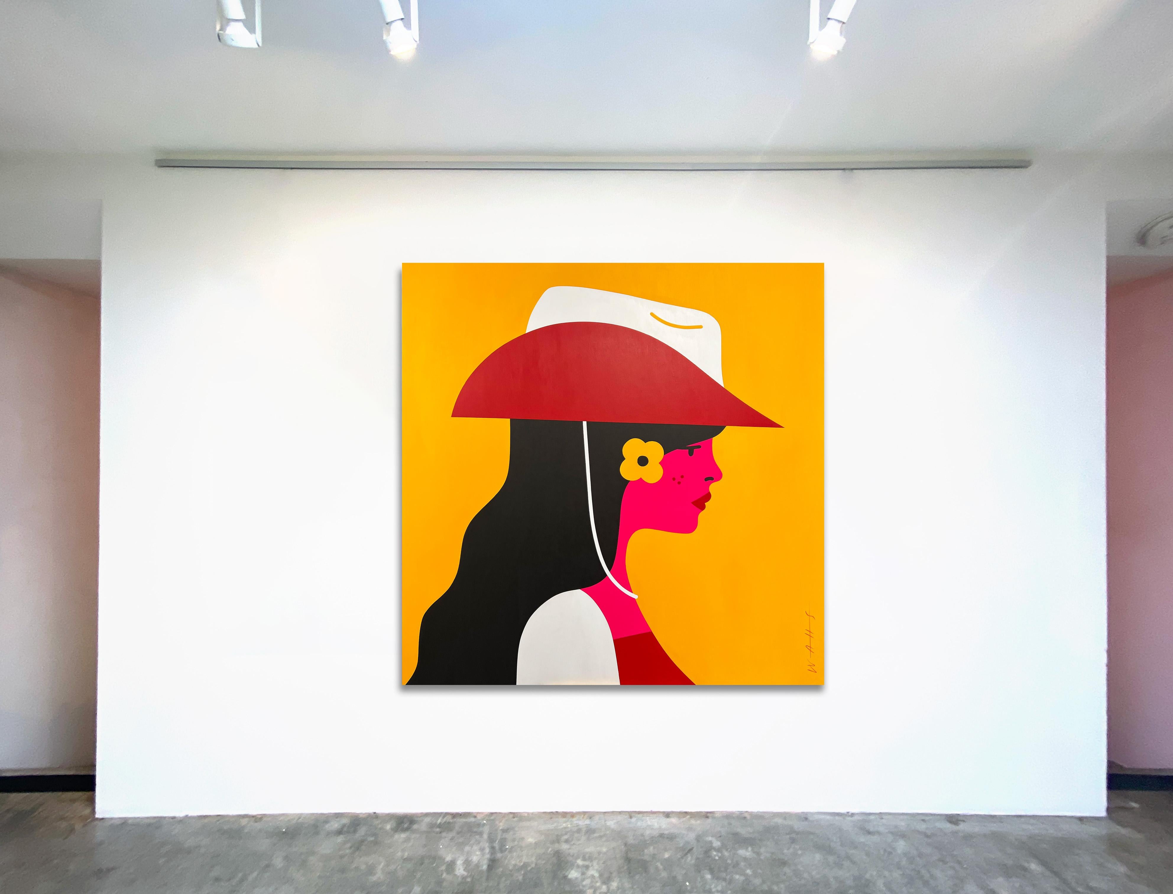Pop-Art-Gemälde, Weibliches Cowgirl, leuchtende Farbe, Calamity Jane von Chris Watts im Angebot 1