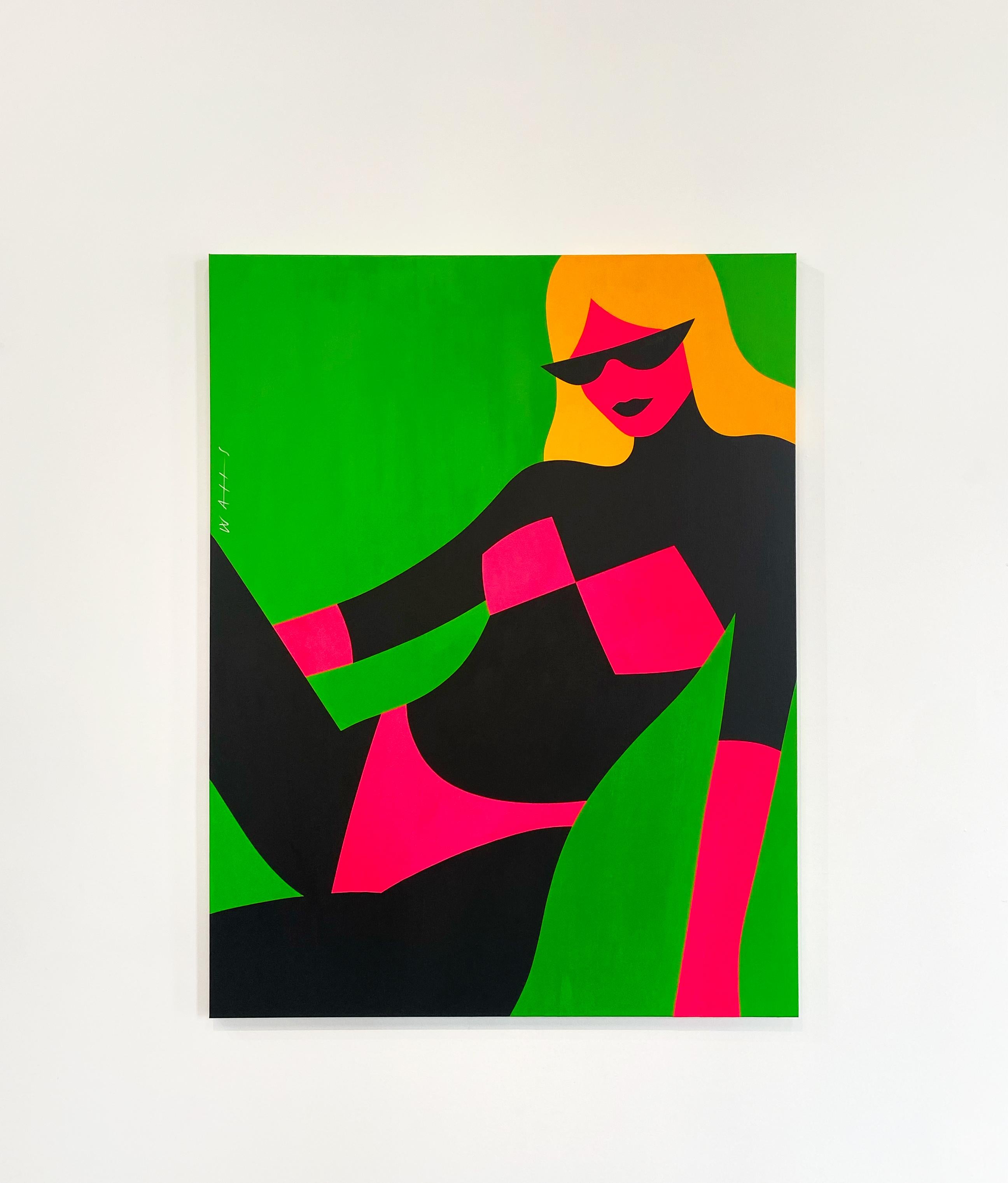 Pop Art Painting, Female Figure, Bright Color, Neon Daisy by Chris Watts For Sale 1
