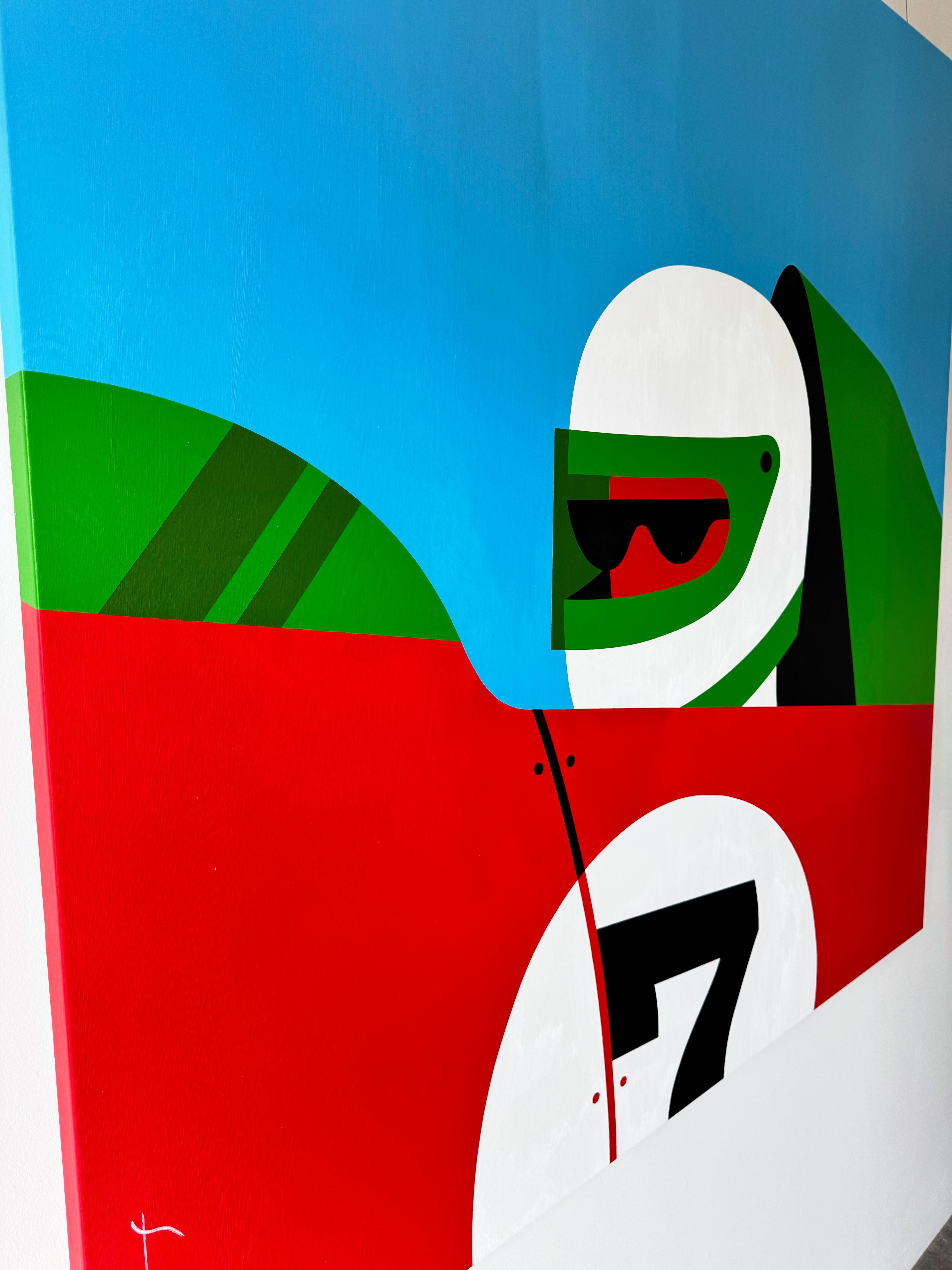 Peinture Pop Art, personnage, couleur néon, voitures de course, arrêt au stand par Chris Watts en vente 2