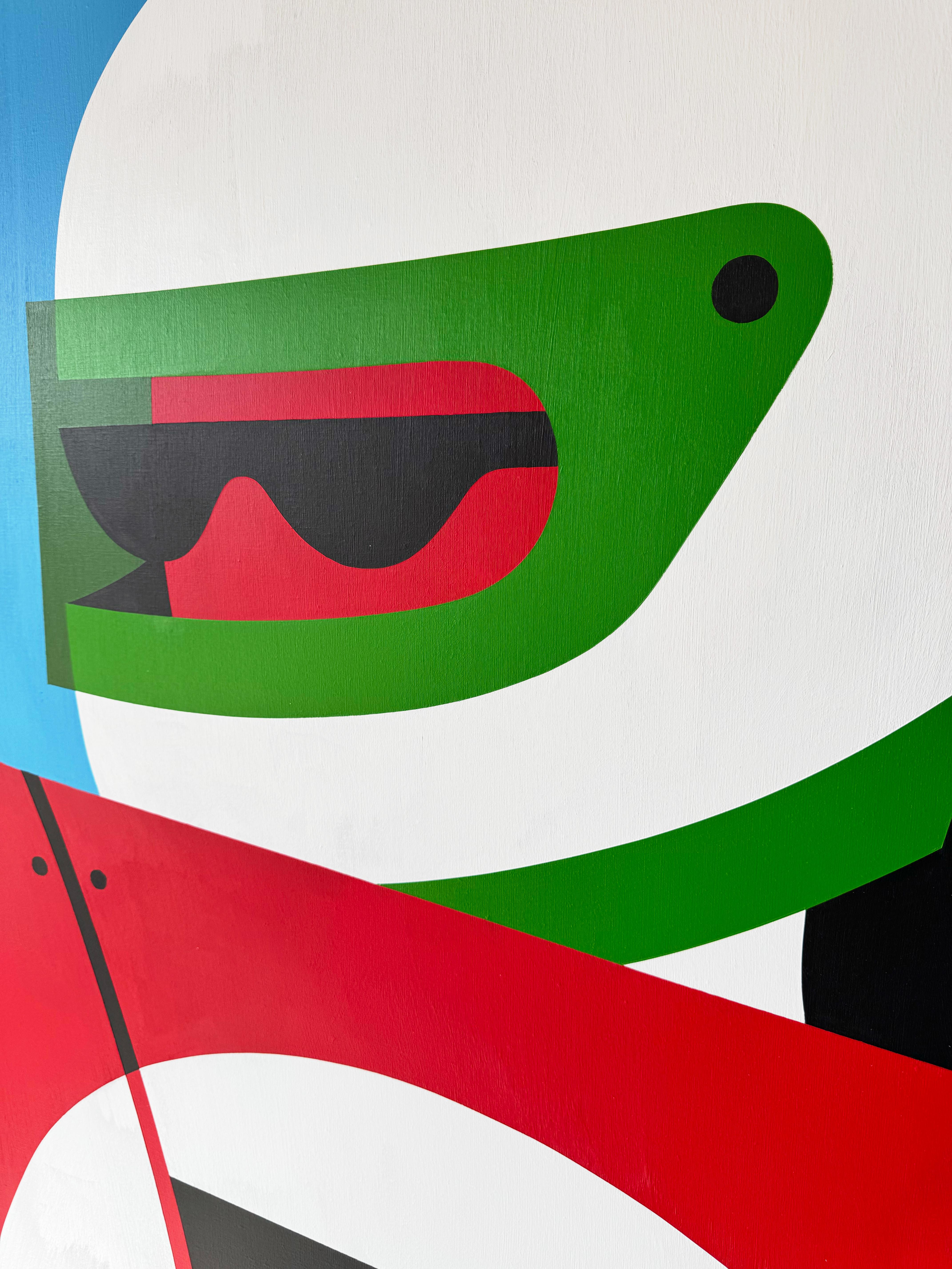 Peinture Pop Art, personnage, couleur néon, voitures de course, arrêt au stand par Chris Watts en vente 4