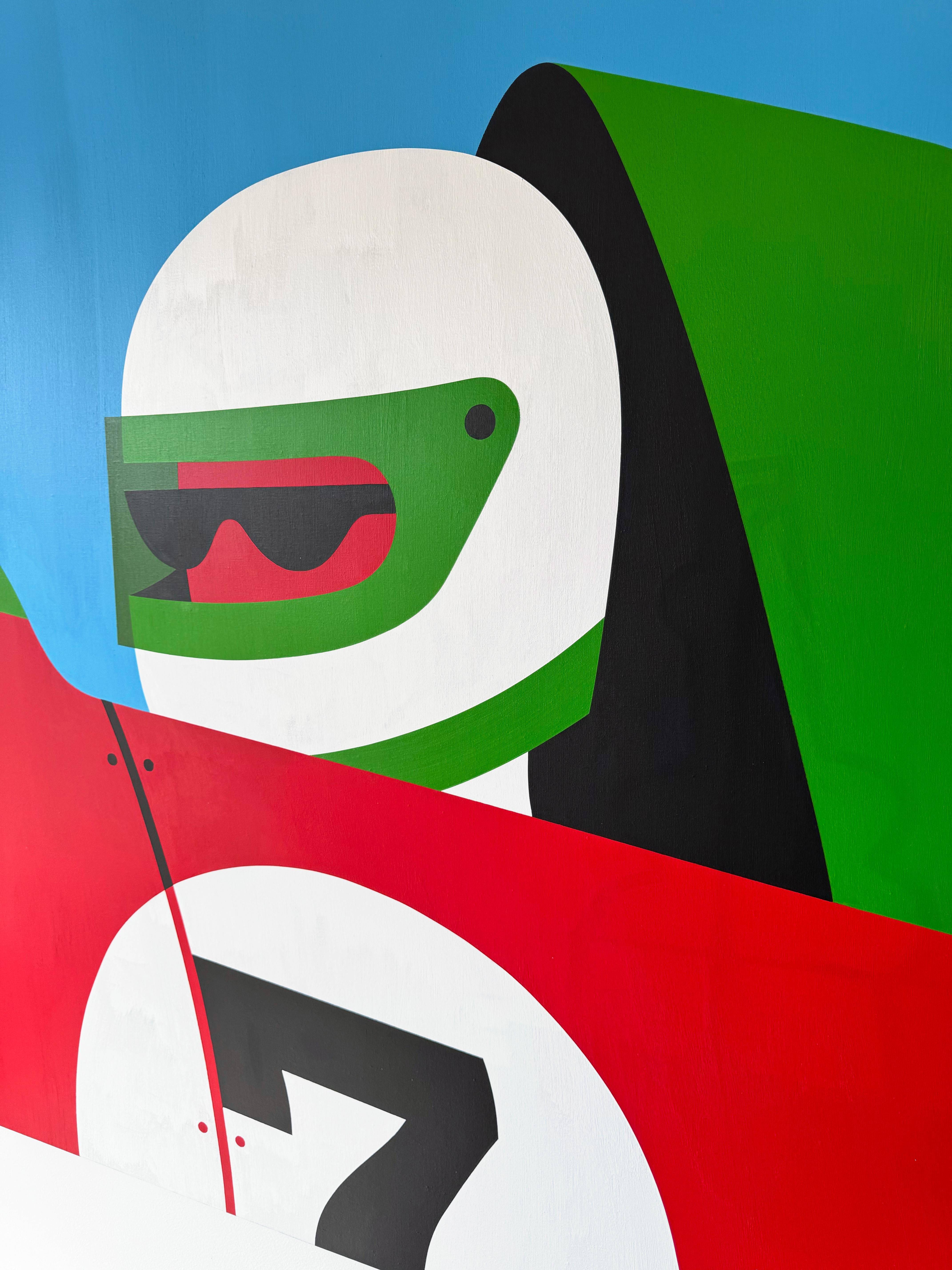 Peinture Pop Art, personnage, couleur néon, voitures de course, arrêt au stand par Chris Watts en vente 5