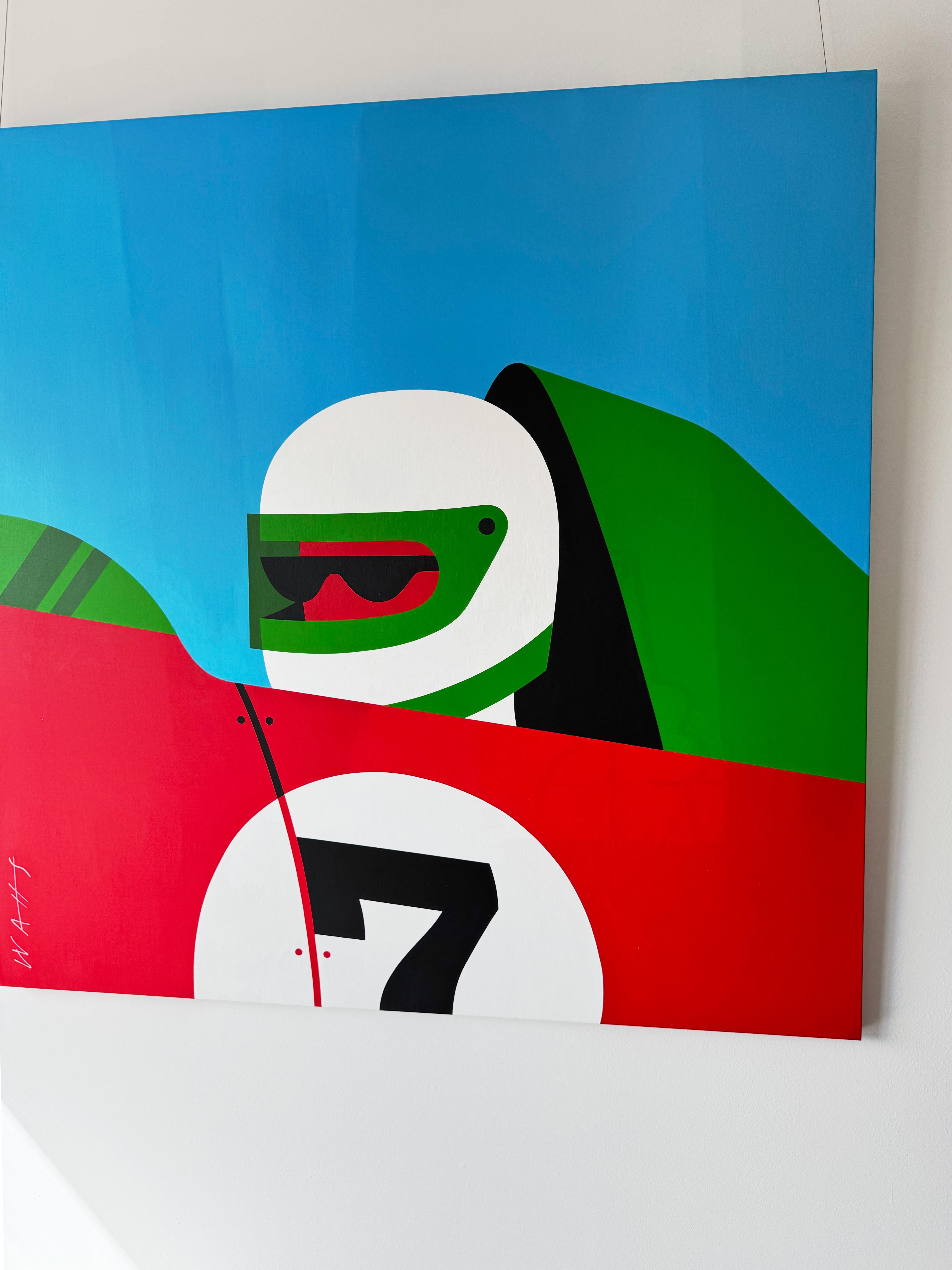 Peinture Pop Art, personnage, couleur néon, voitures de course, arrêt au stand par Chris Watts en vente 6