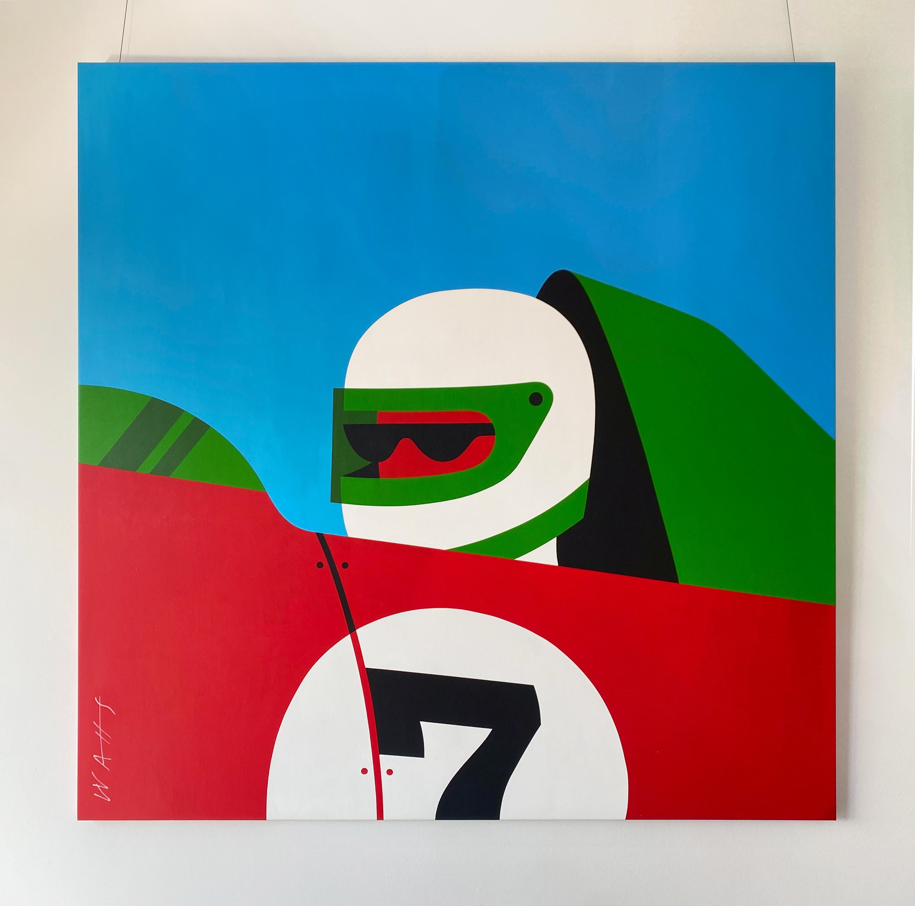 Peinture Pop Art, personnage, couleur néon, voitures de course, arrêt au stand par Chris Watts en vente 7