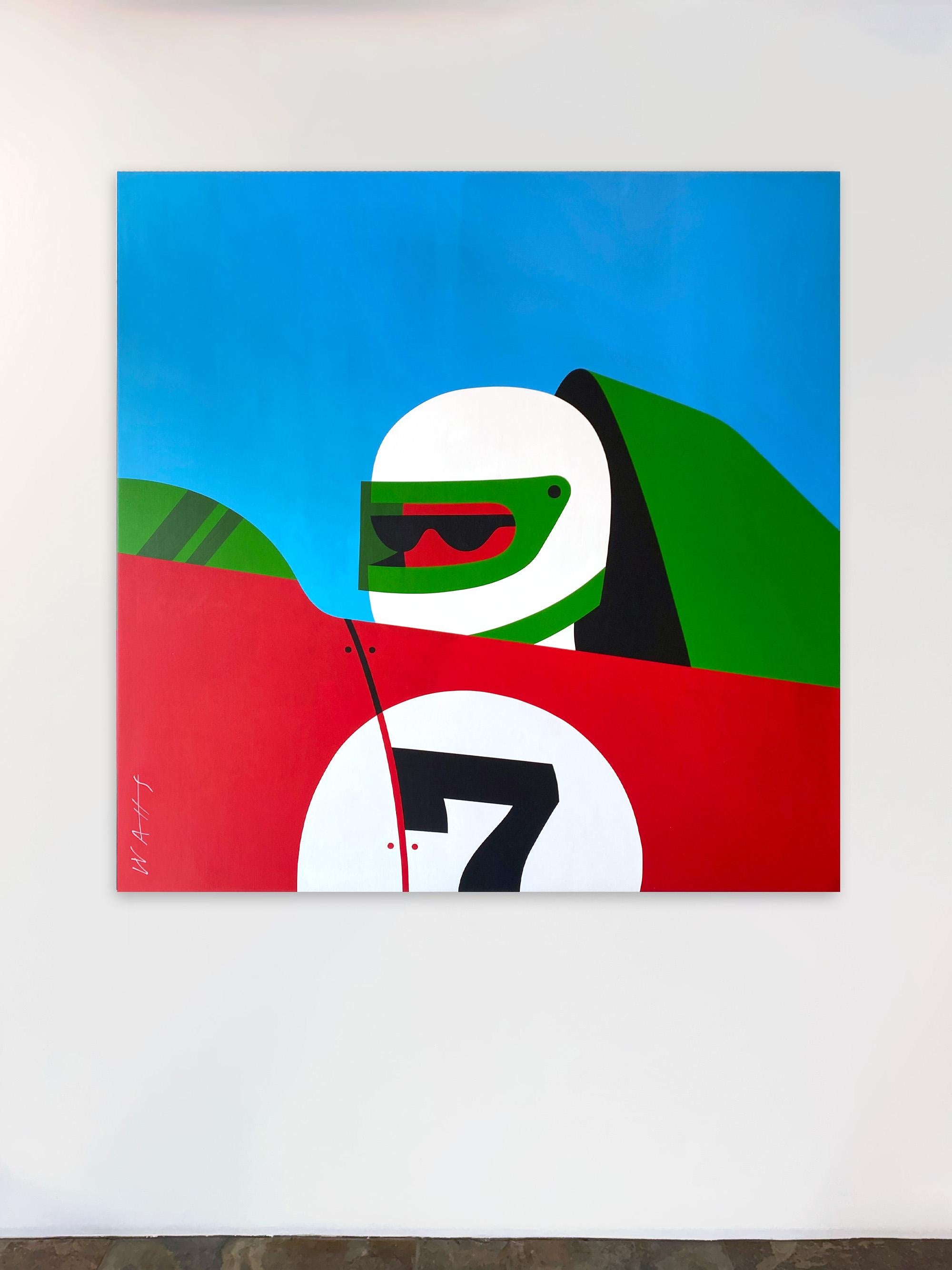Peinture Pop Art, personnage, couleur néon, voitures de course, arrêt au stand par Chris Watts en vente 8
