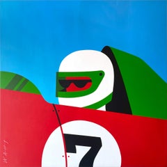 Peinture Pop Art, personnage, couleur néon, voitures de course, arrêt au stand par Chris Watts