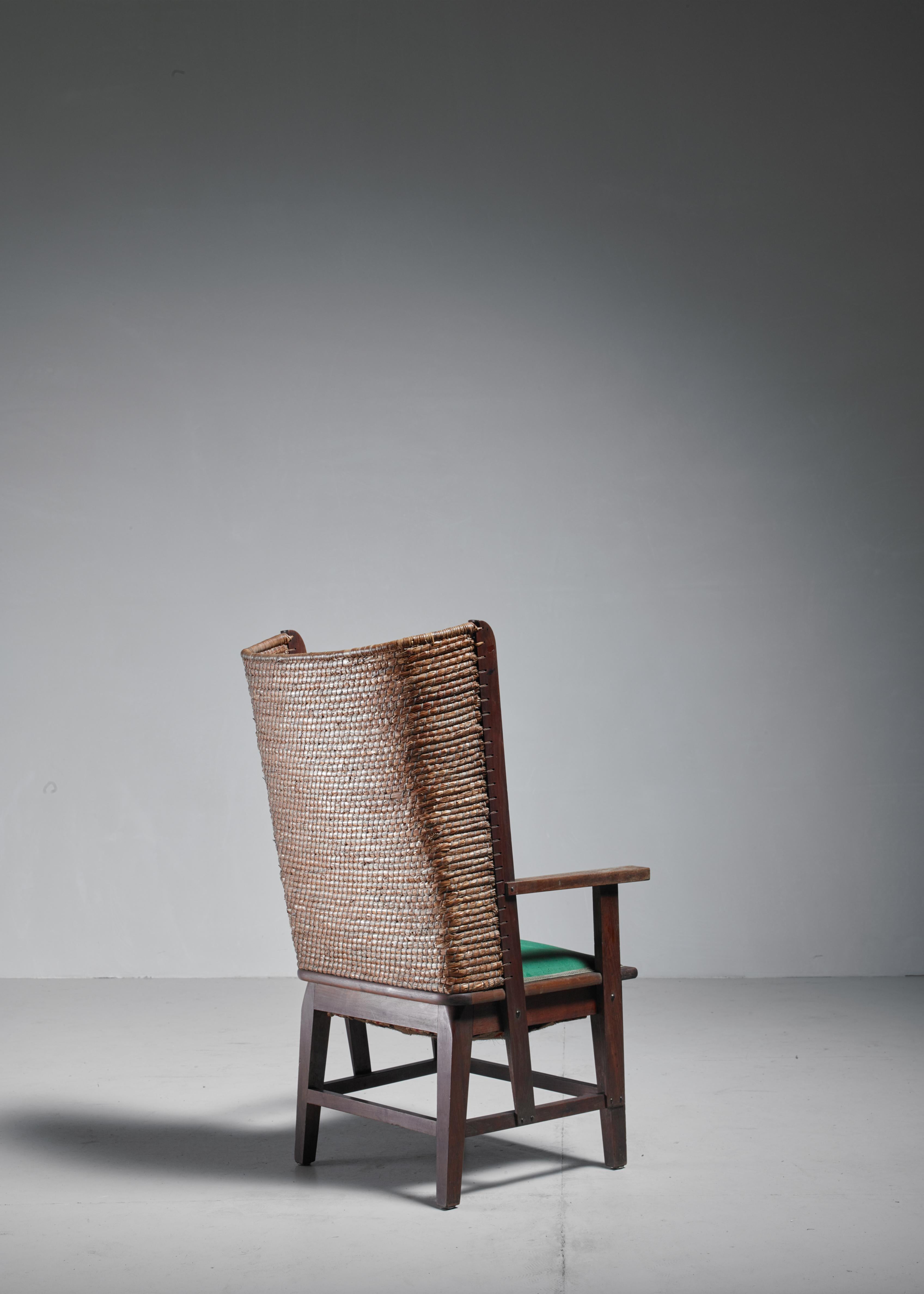 Arts and Crafts Chris Wegerif Orkney Chair with Green Fabric Seating, Dutch, 1900