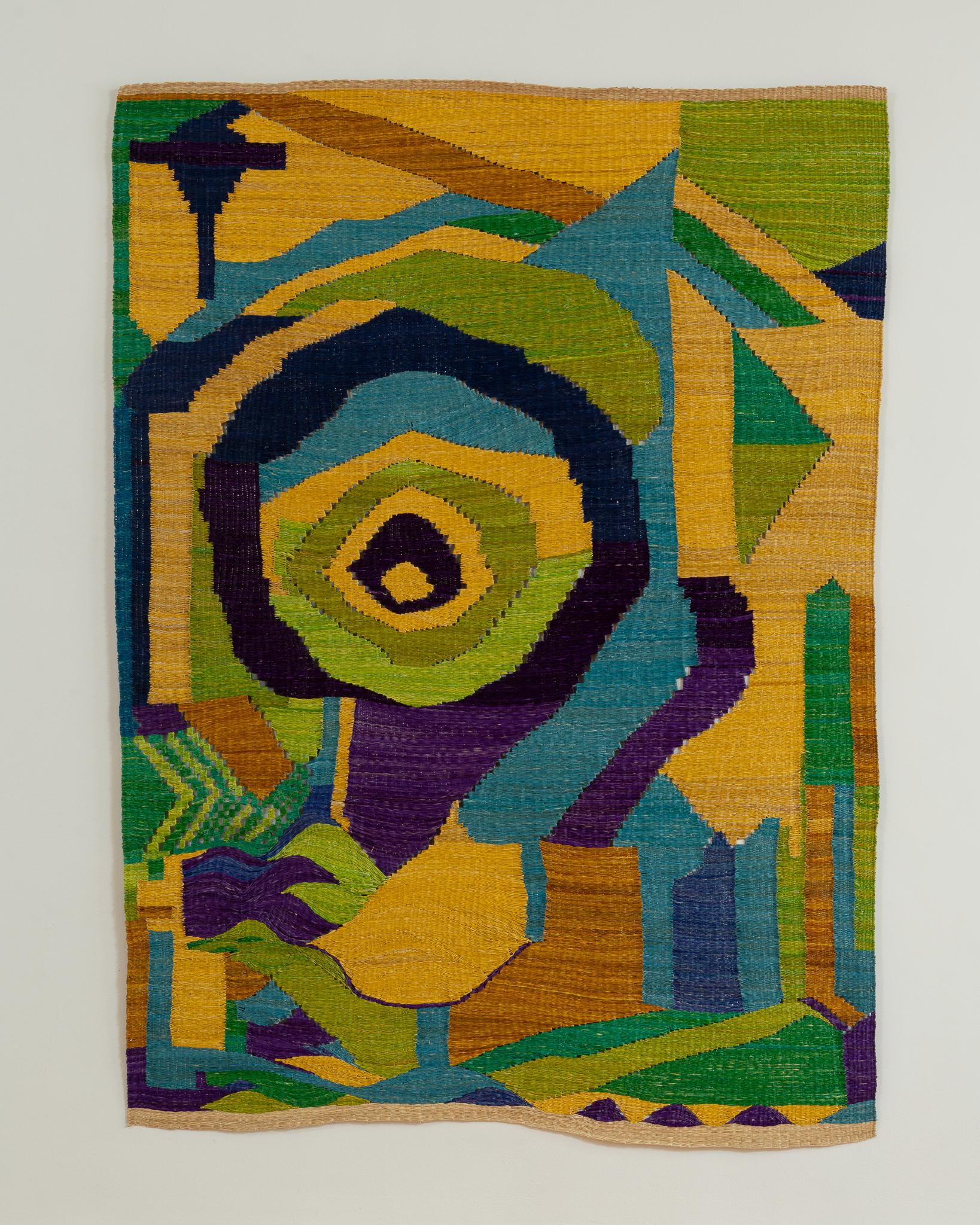 Large, boldly colorful and unique hand-woven decorative wall hanging or floor covering by celebrated New York and Medellín-based artist Chris Wolston. 

Entitled 