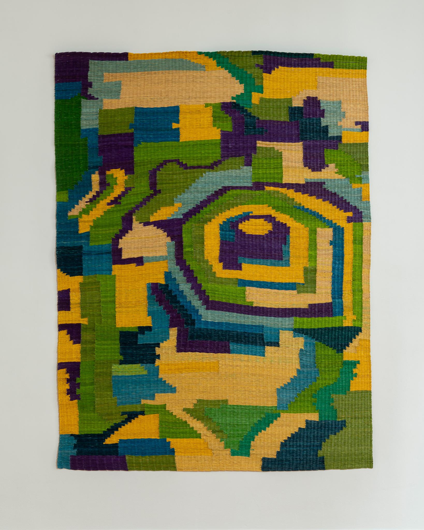 Large, boldly colorful and unique hand-woven decorative wall hanging or floor covering by celebrated New York and Medellín-based artist Chris Wolston. 

Entitled 