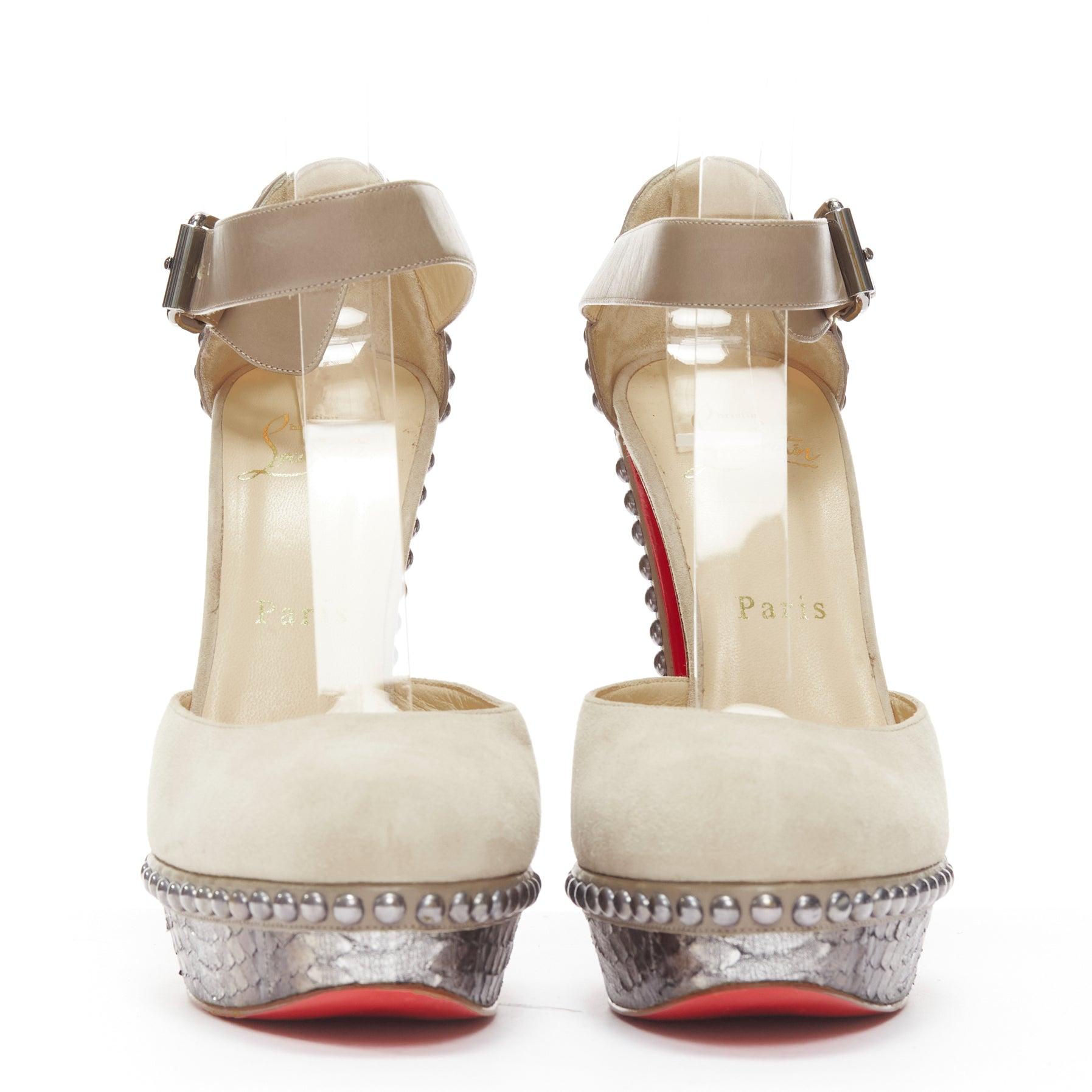 CHRISITAN LOUBOUTIN Luxura 140 grey suede studded scaled platform heel EU37 In Good Condition In Hong Kong, NT