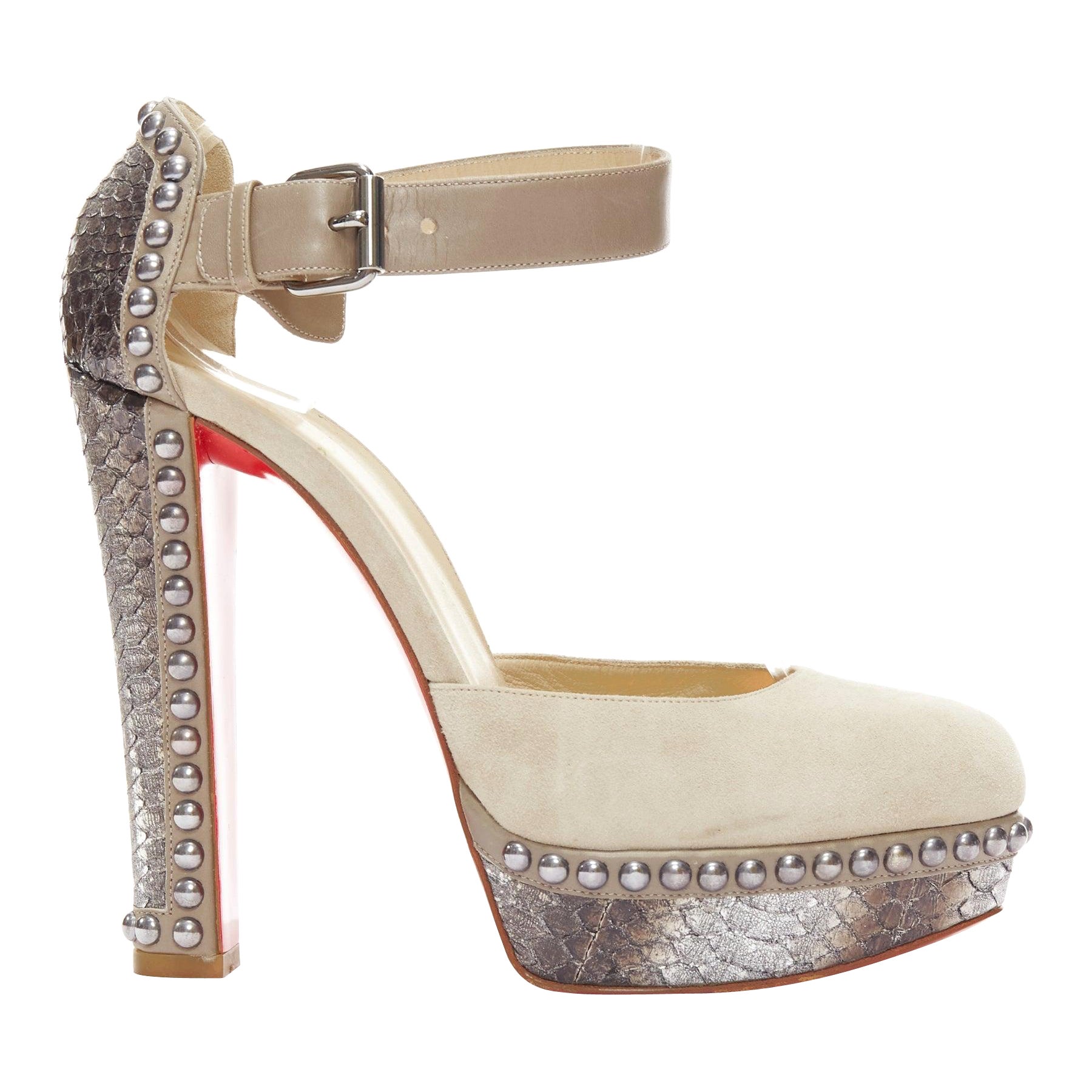CHRISITAN LOUBOUTIN Luxura 140 grey suede studded scaled platform heel EU37