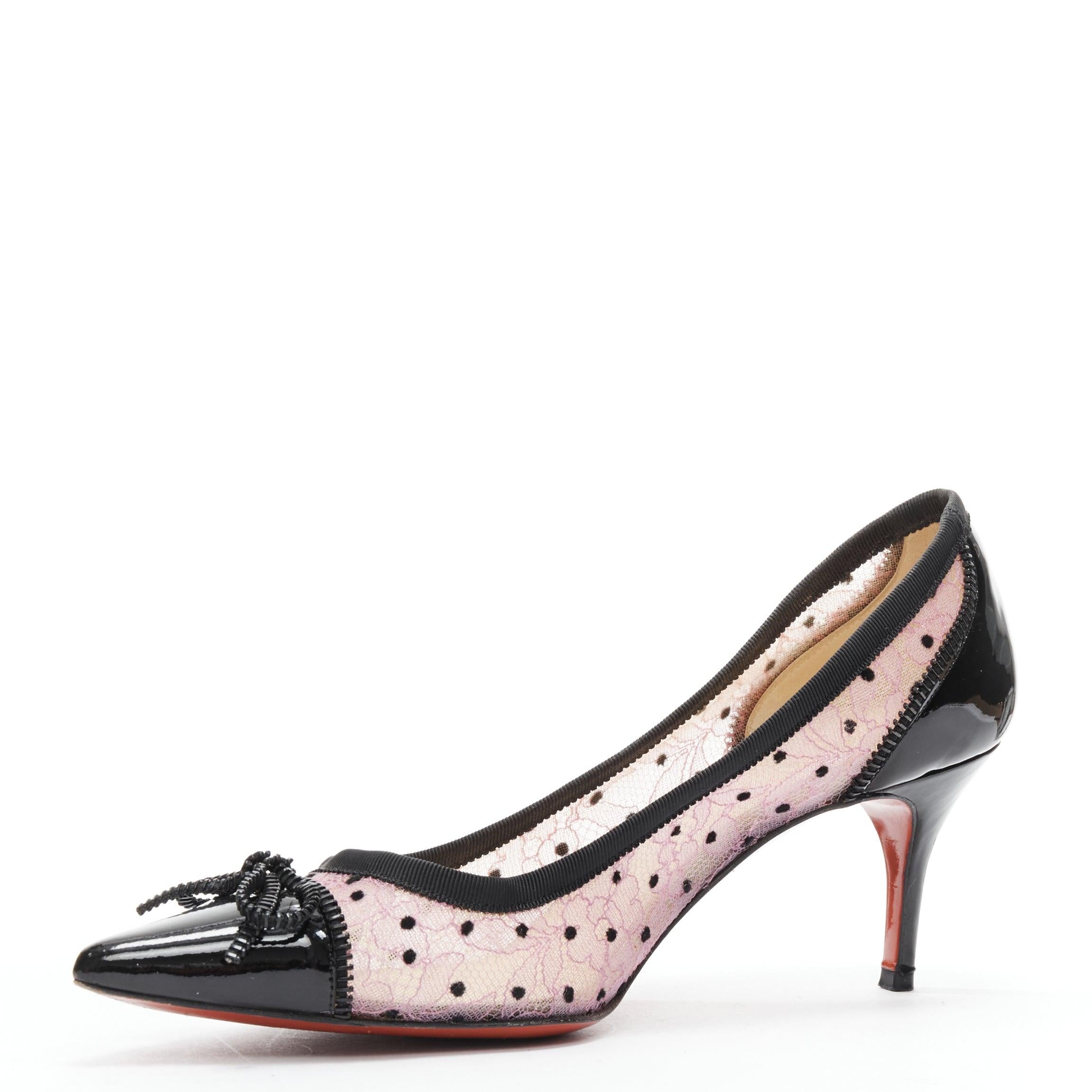 CHRISITIAN LOUBOUTIN Souris 70 pink lace polka dot bow kitten heel EU37.5 In Good Condition In Hong Kong, NT