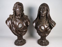 Christ and Mary, pair of reliquary busts in stained pine wood, Italian school