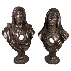 Christ and Mary, pair of reliquary busts in stained pine wood, Italian school