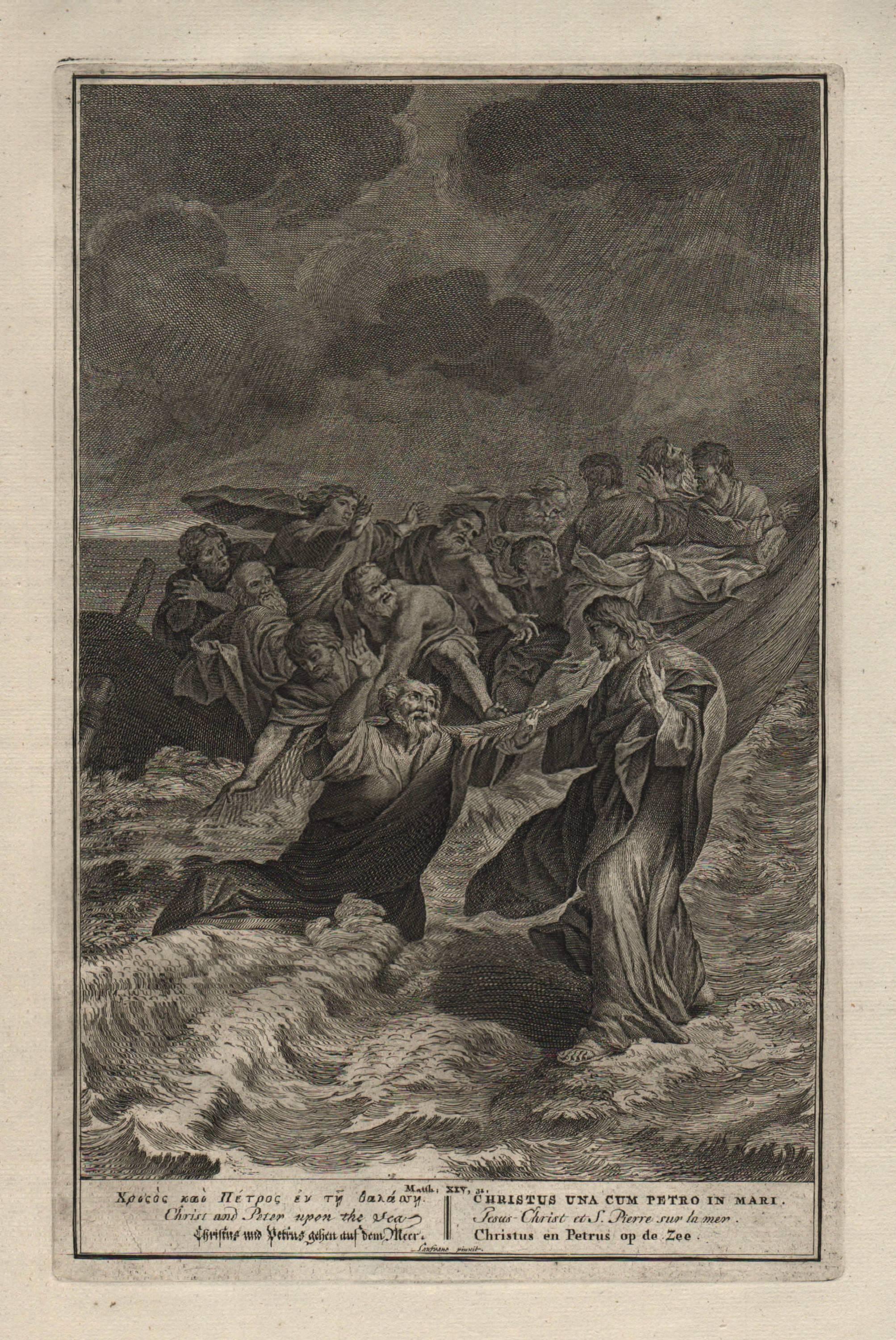 Neoclassical Christ and Peter Upon the Sea, 1728 Framed Engraving Religious For Sale