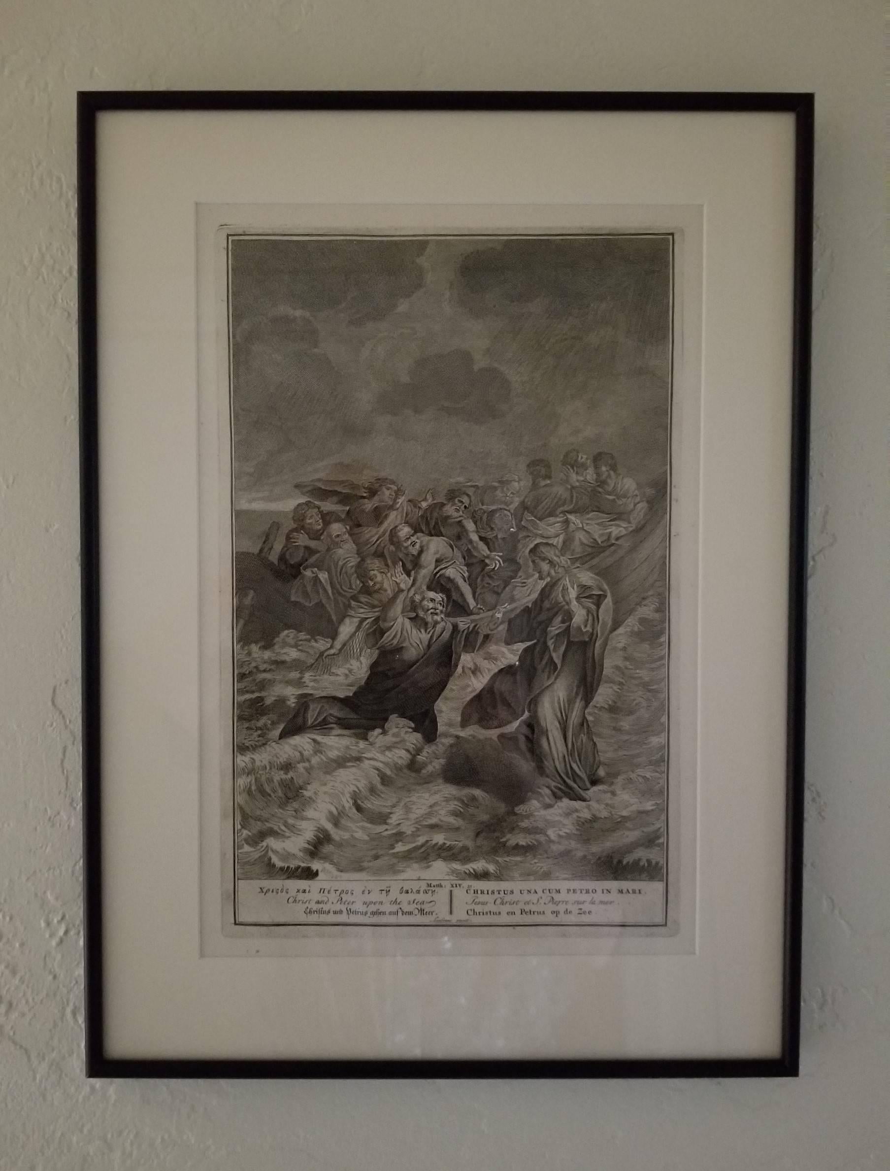Engraved Christ and Peter Upon the Sea, 1728 Framed Engraving Religious For Sale