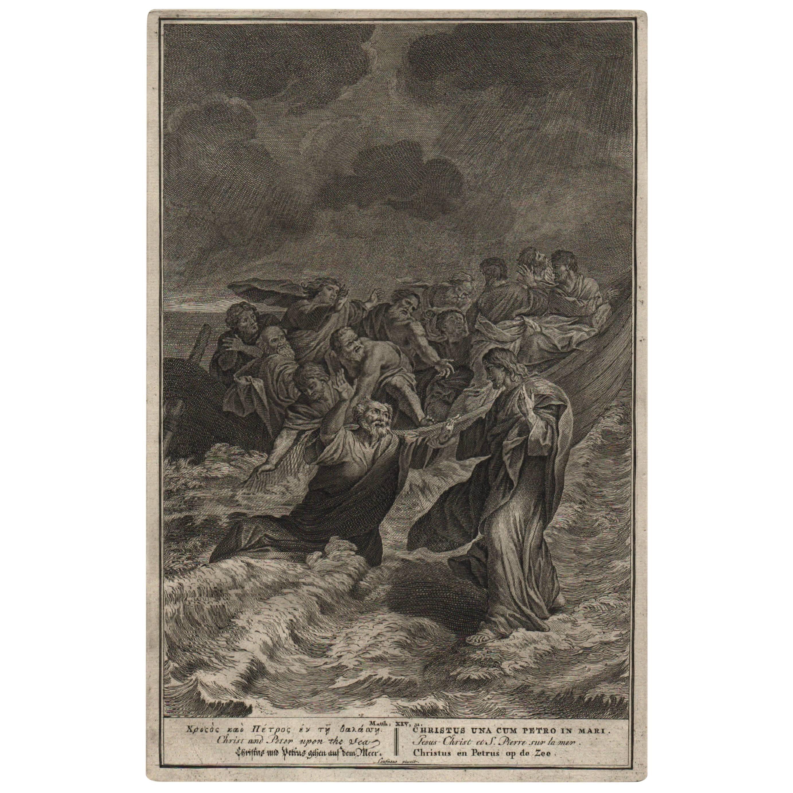 Christ and Peter Upon the Sea, 1728 Framed Engraving Religious For Sale