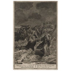 Antique Christ and Peter Upon the Sea, 1728 Framed Engraving Religious