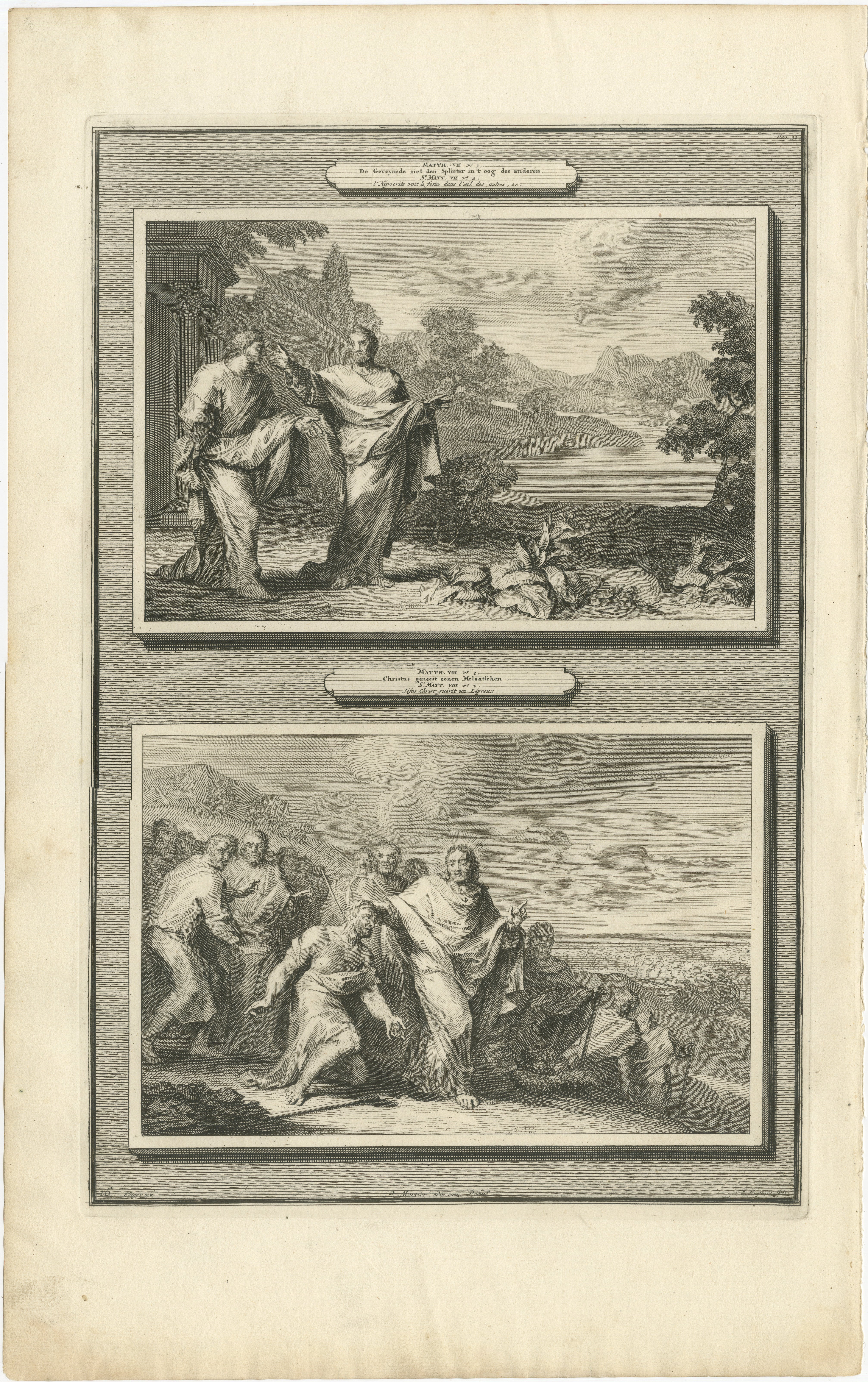 Le Christ guérissant l'aveugle et le muet possédé, Pieter Mortier, vers 1700

Cette gravure provient de la monumentale Bible illustrée de Pieter Mortier, publiée à Amsterdam vers 1700. Il présente deux scènes de l'Évangile de Matthieu, toutes deux