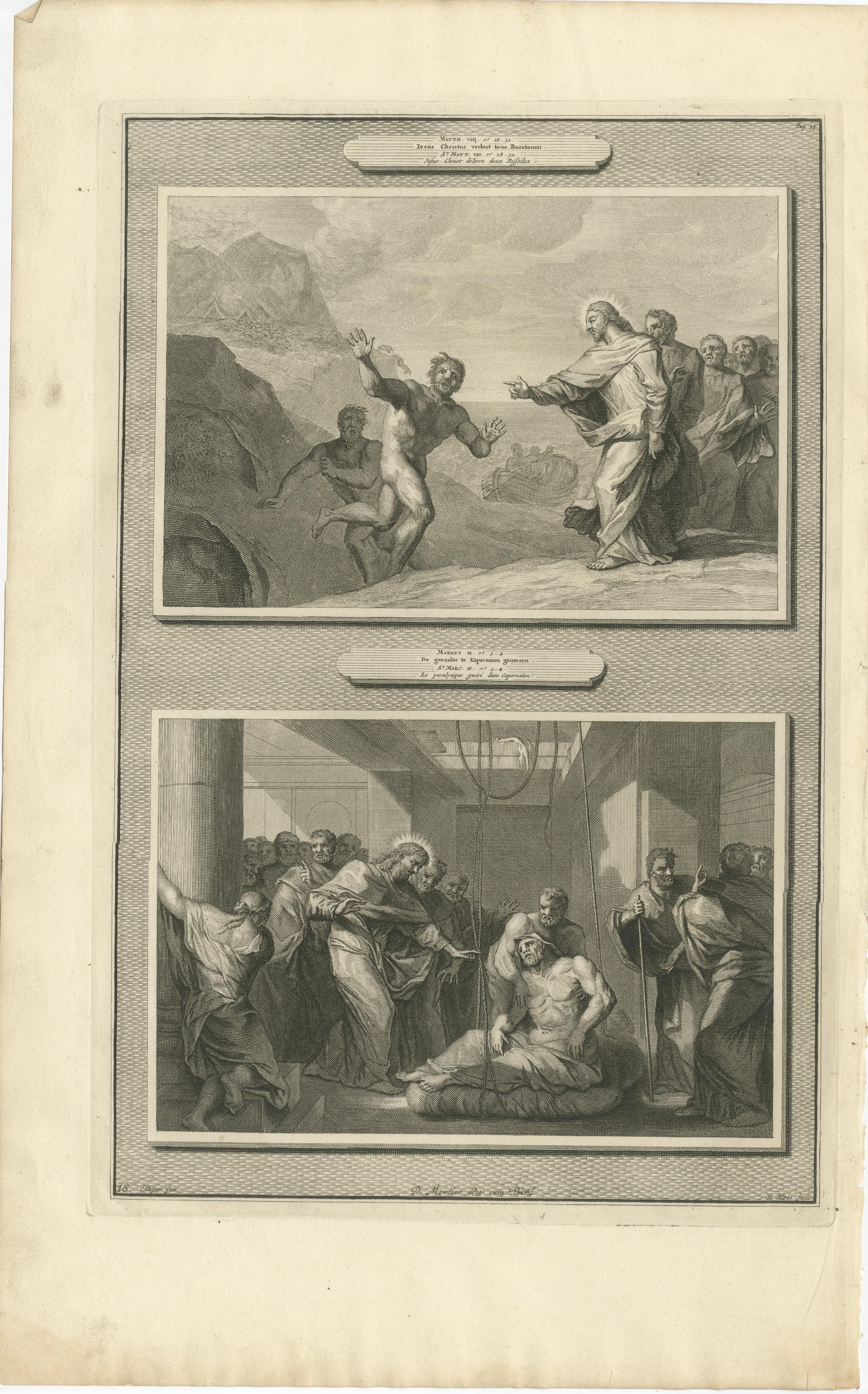 Le Christ guérissant le possédé et le paralytique, Pieter Mortier, vers 1700

Cette belle gravure biblique provient de la Bible illustrée de Pieter Mortier, publiée à Amsterdam vers 1700. La feuille présente deux scènes détaillées du Nouveau