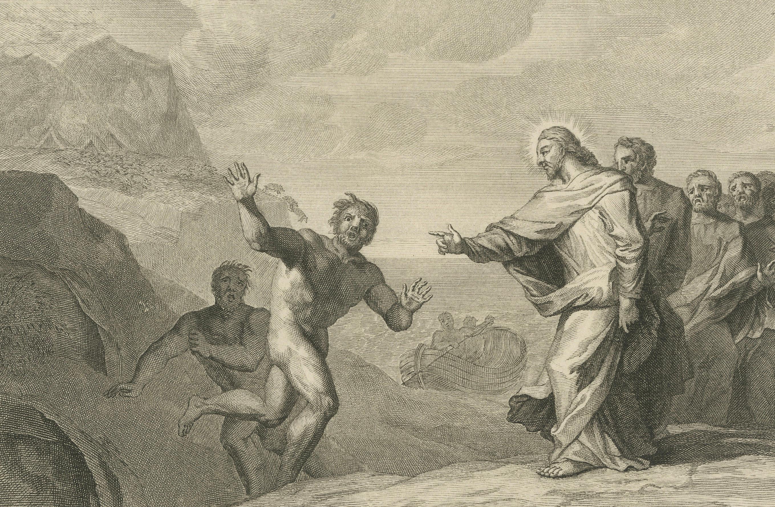 Gravé Le Christ guérissant le possédé et le paralytique - Estampe biblique ancienne, c.C.C. en vente