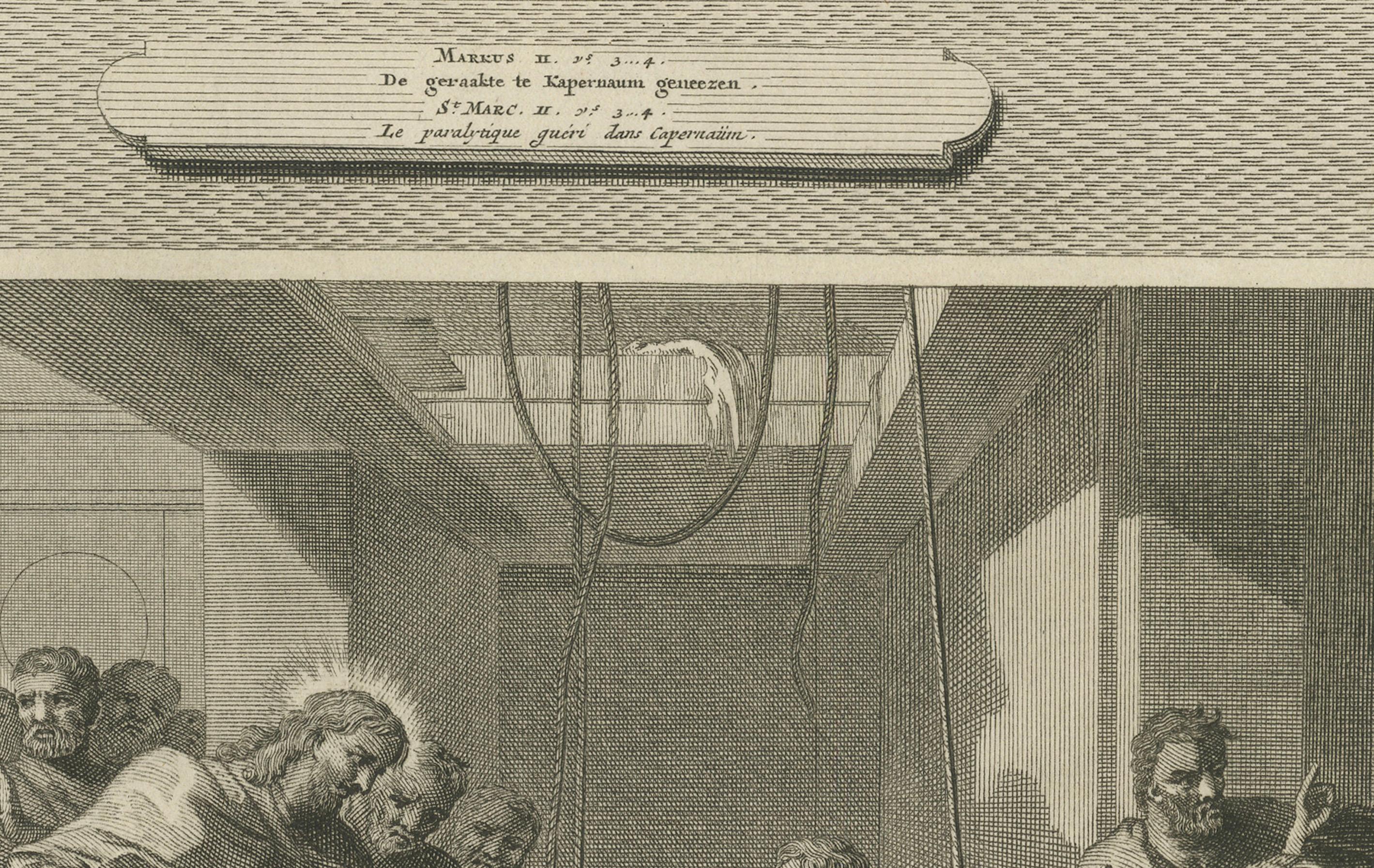 Le Christ guérissant le possédé et le paralytique - Estampe biblique ancienne, c.C.C. Bon état - En vente à Langweer, NL