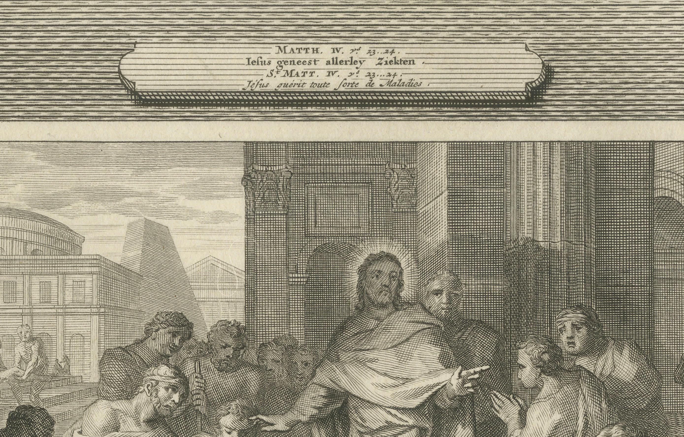 Christus heilt den Kranken und predigt die Bergpredigt, Pieter Mortier, um 1700

Dieser schöne Kupferstich, der um 1700 von Pieter Mortier in Amsterdam veröffentlicht wurde, zeigt zwei eindrucksvolle biblische Szenen aus den Evangelien. Die Tafel