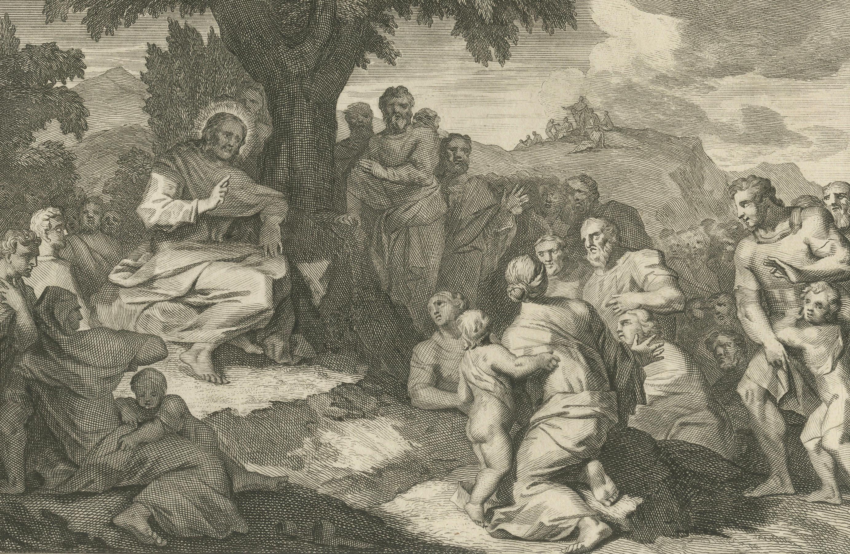 Christus heilt die Kranken und predigt die Bergpredigt, P. Mortier, 1700 (Graviert) im Angebot
