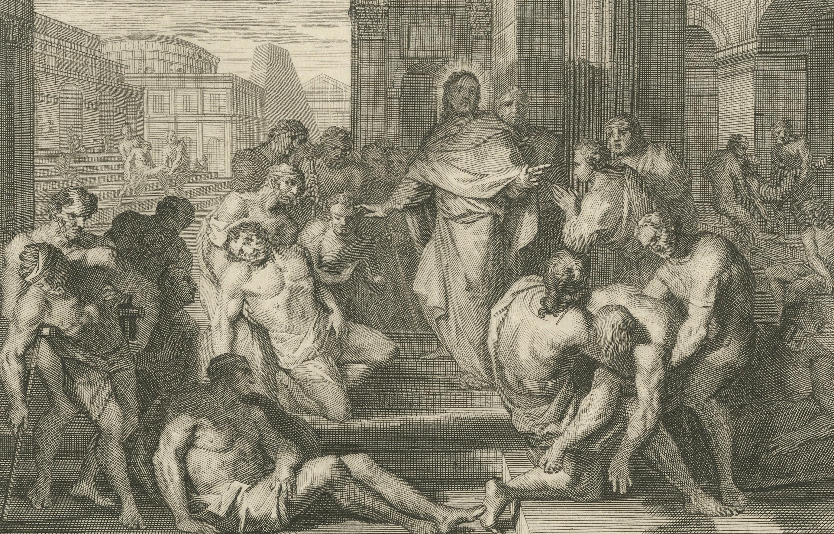 Christus heilt die Kranken und predigt die Bergpredigt, P. Mortier, 1700 im Zustand „Gut“ im Angebot in Langweer, NL