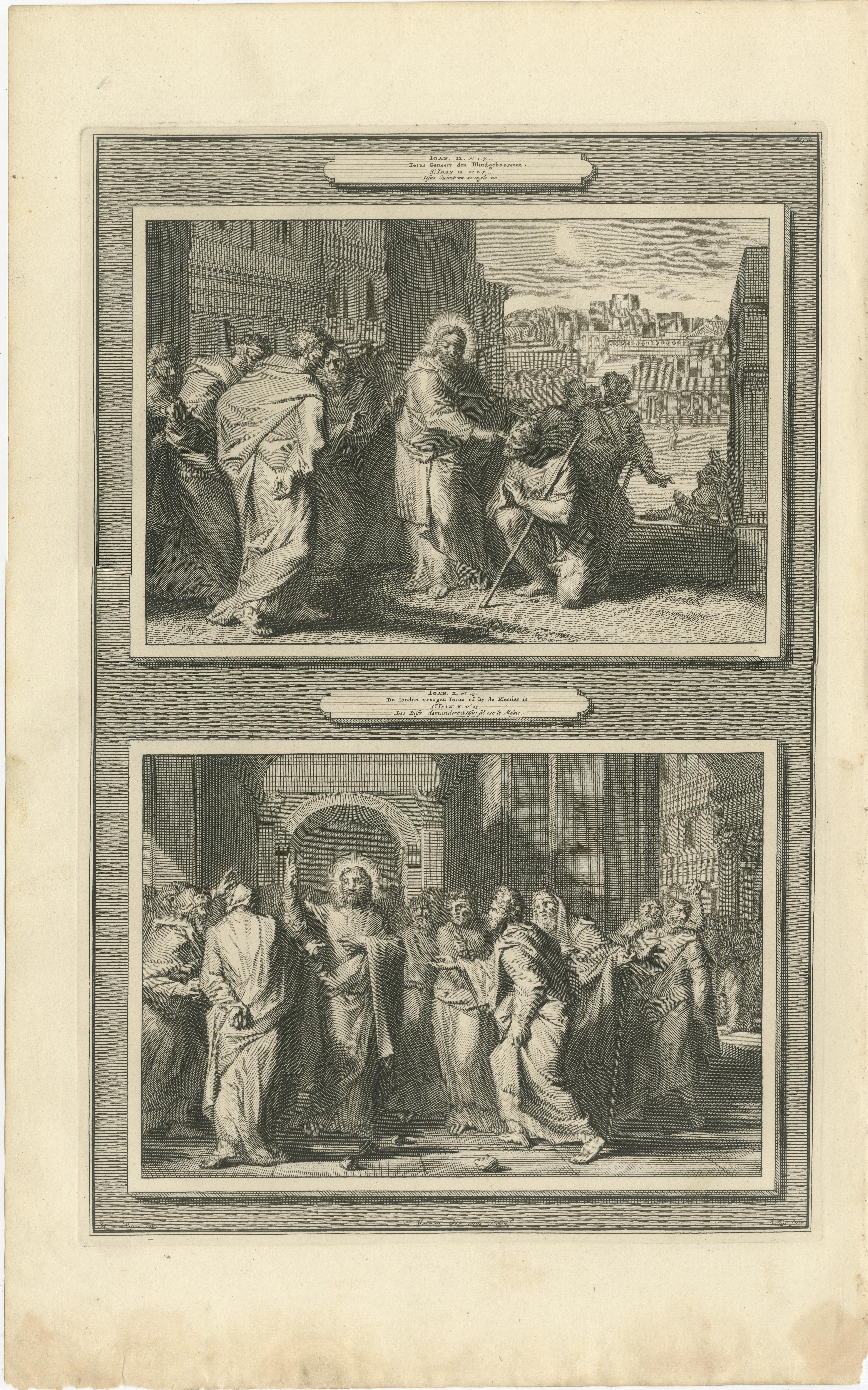 Christus Heal's the Man Born Blind & The Woman Taken in Adultery, ca. 1700

Dieses großformatige Kupferstichblatt, das um 1700 von Pieter Mortier in Amsterdam herausgegeben wurde, zeigt zwei dramatische und zentrale Episoden aus dem