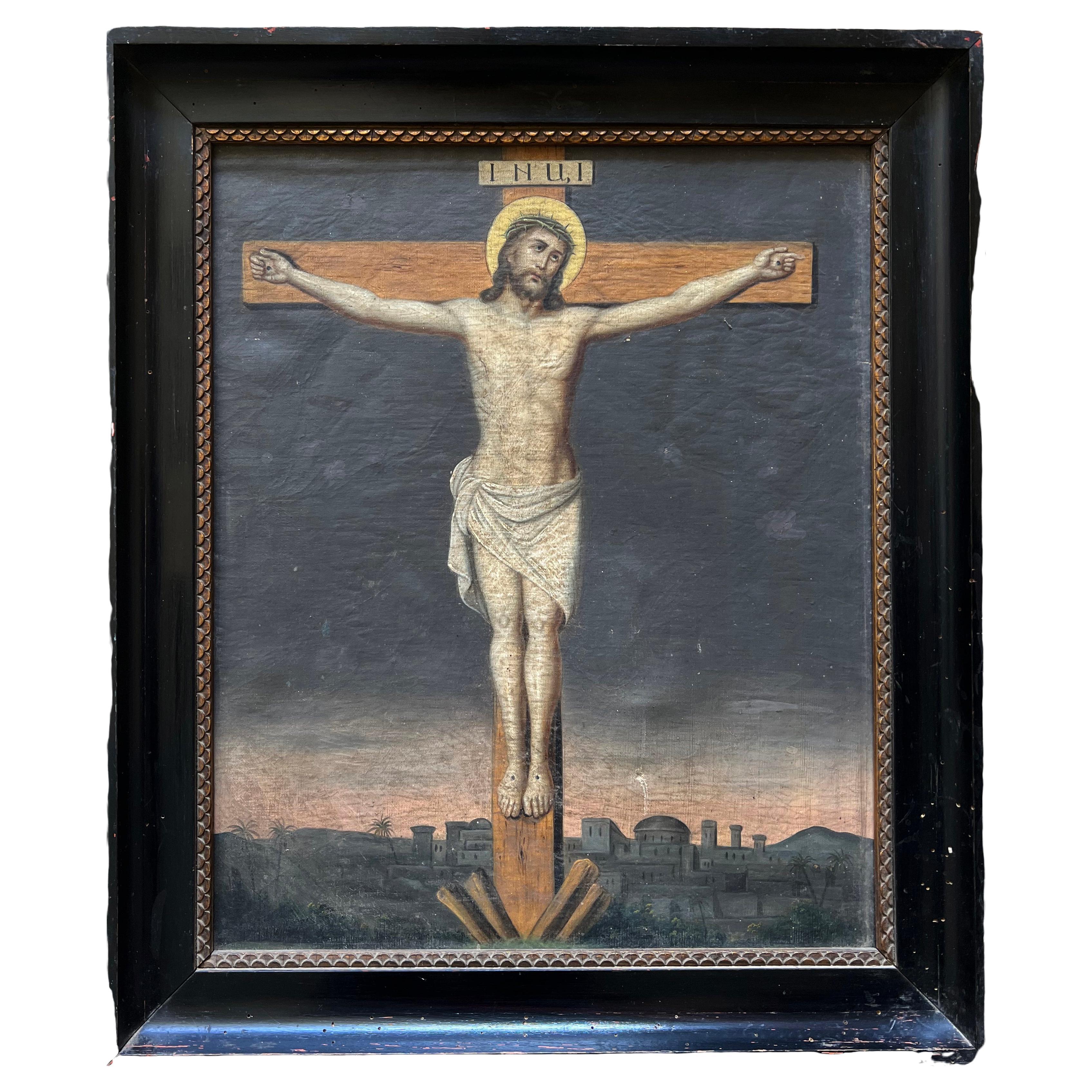 Rare Double painting on canvas. On the framed side a 
refined representation of the crucifix, on the other a depiction of the Virgin Mary holding the crown of thorns of the newly laid Christ and the sword that pierced his chest. In the background