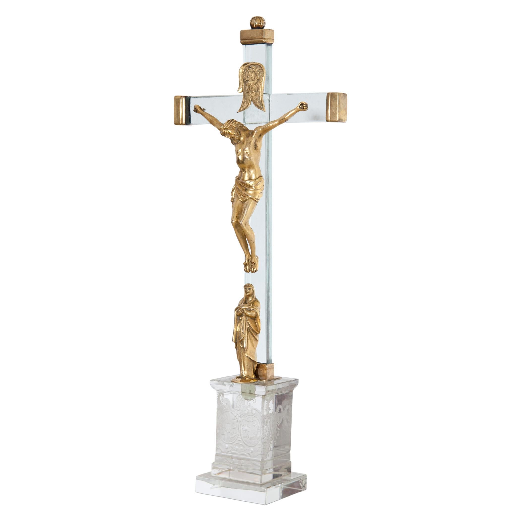 Christ on the cross with Mary in fire-gilt bronze of the 18th century, mounted on a contemporary glass cross.