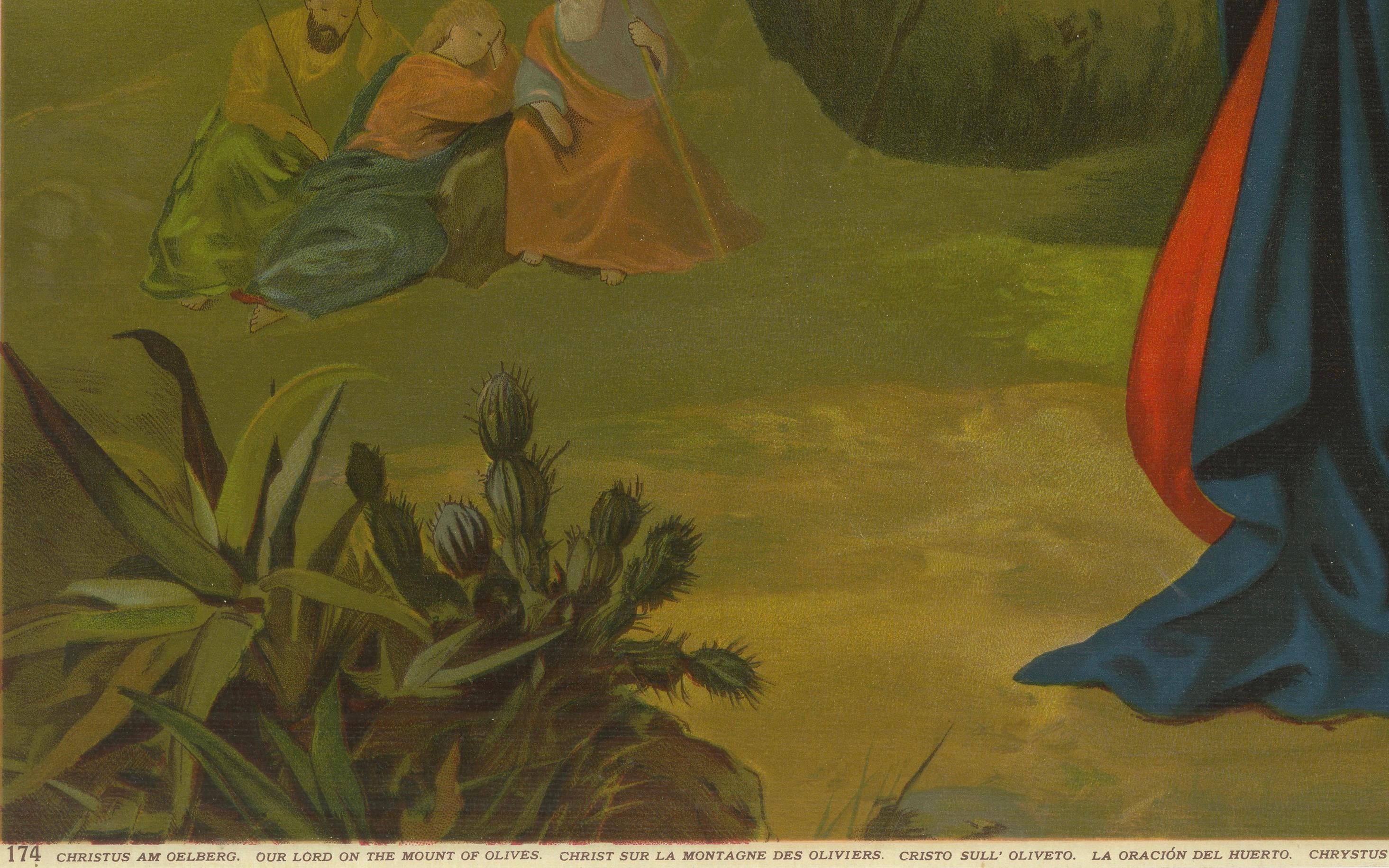 Le Christ sur le Mont des Oliviers, ancienne chromolithographie allemande c.1900 Bon état - En vente à Langweer, NL