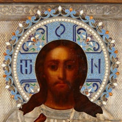 Christ Pantocrator, a Silver-Gilt and Cloisonné Enamel Russian Icon