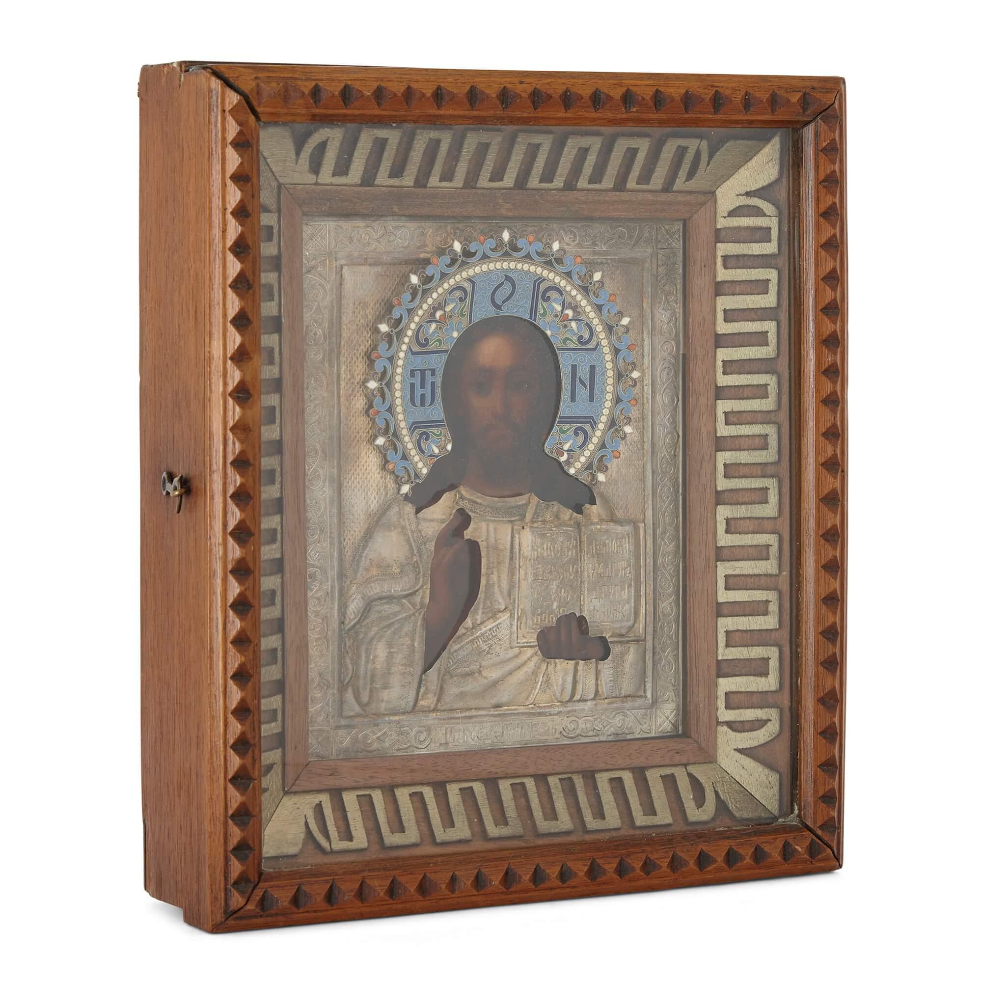 19th Century Christ Pantocrator, a Silver-Gilt and Cloisonné Enamel Russian Icon For Sale