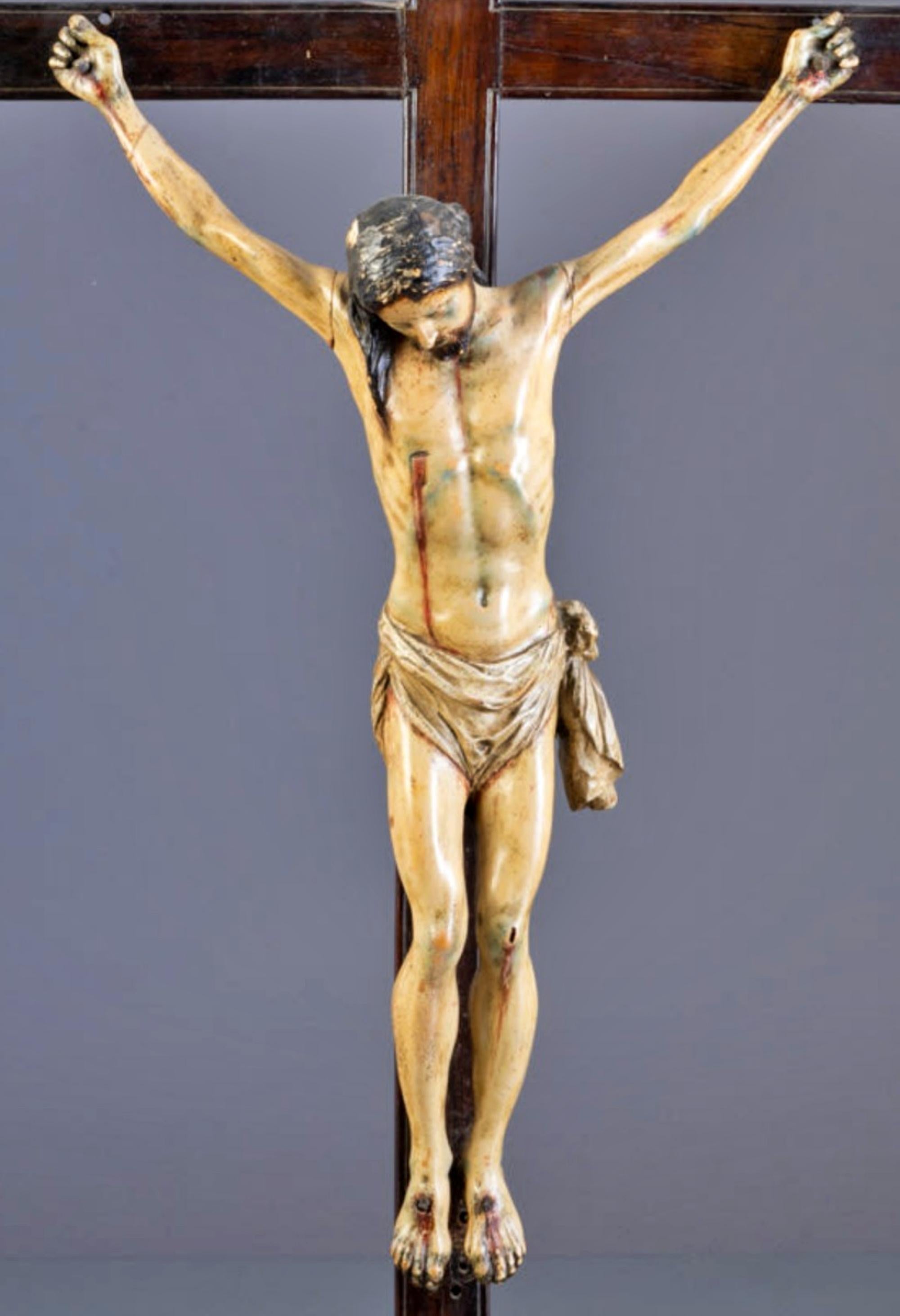 Hand-Crafted Christ Sculpture in Polychrome Wood, Italian School 17th Century