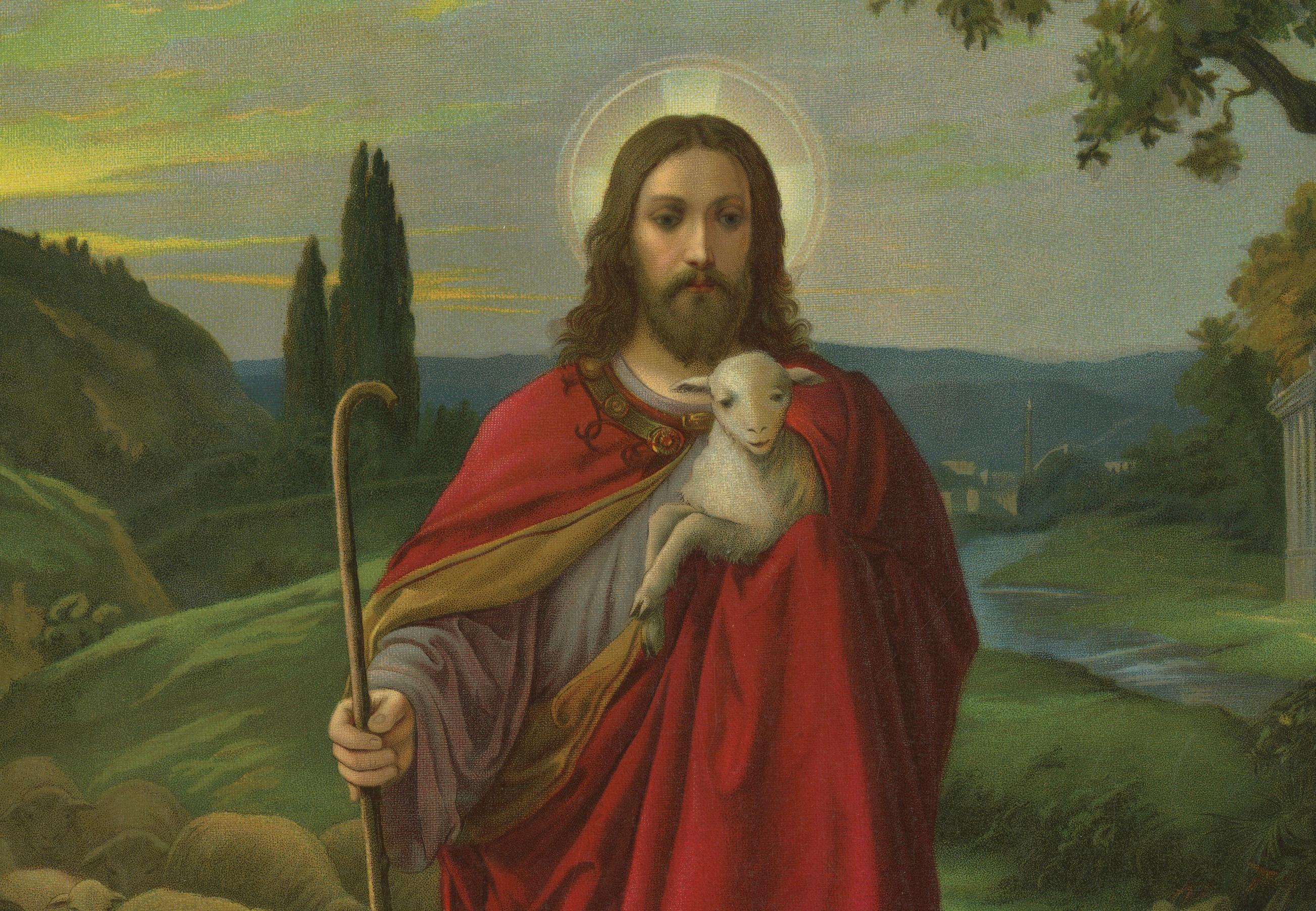 Der gute Hirte, um 1900, Chromolithographie (Gedruckt in Deutschland)

Diese deutsche Chromolithografie aus dem frühen 20. Jahrhundert zeigt eines der ikonischsten und tröstlichsten christlichen Bilder: Christus als der gute Hirte. Der um 1900 von