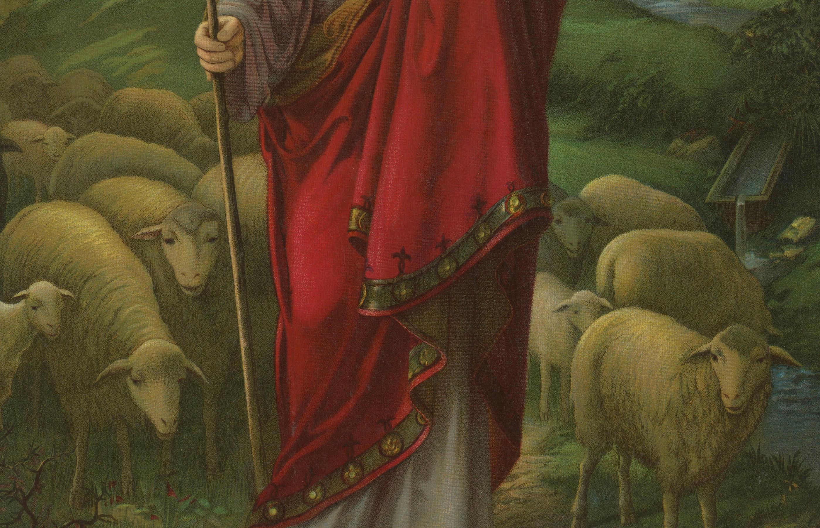 Christ the Shepherd, Beautiful Catholic Chromolithograph Artwork, ca.1900 (Deutsch) im Angebot