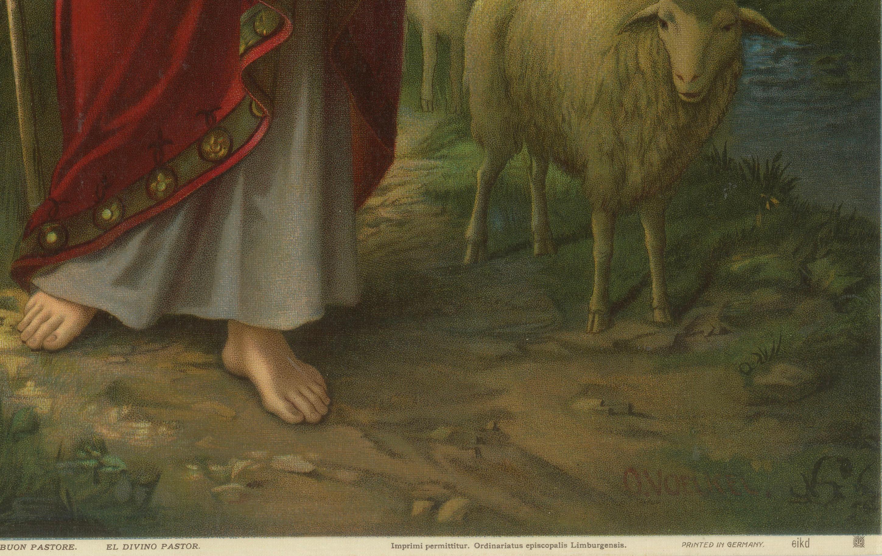 Christ the Shepherd, Beautiful Catholic Chromolithograph Artwork, ca.1900 im Zustand „Gut“ im Angebot in Langweer, NL