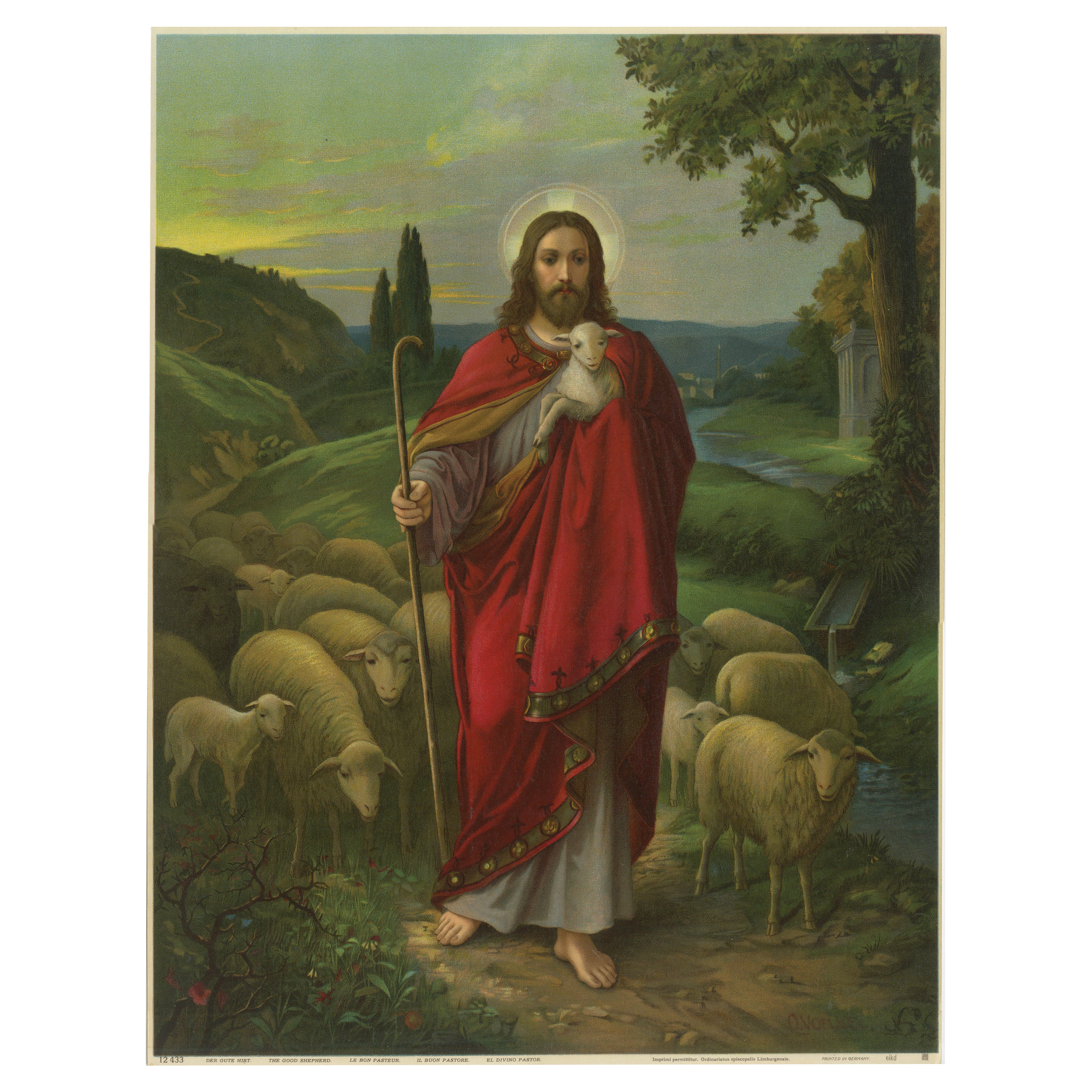 Christ the Shepherd, Beautiful Catholic Chromolithograph Artwork, ca.1900