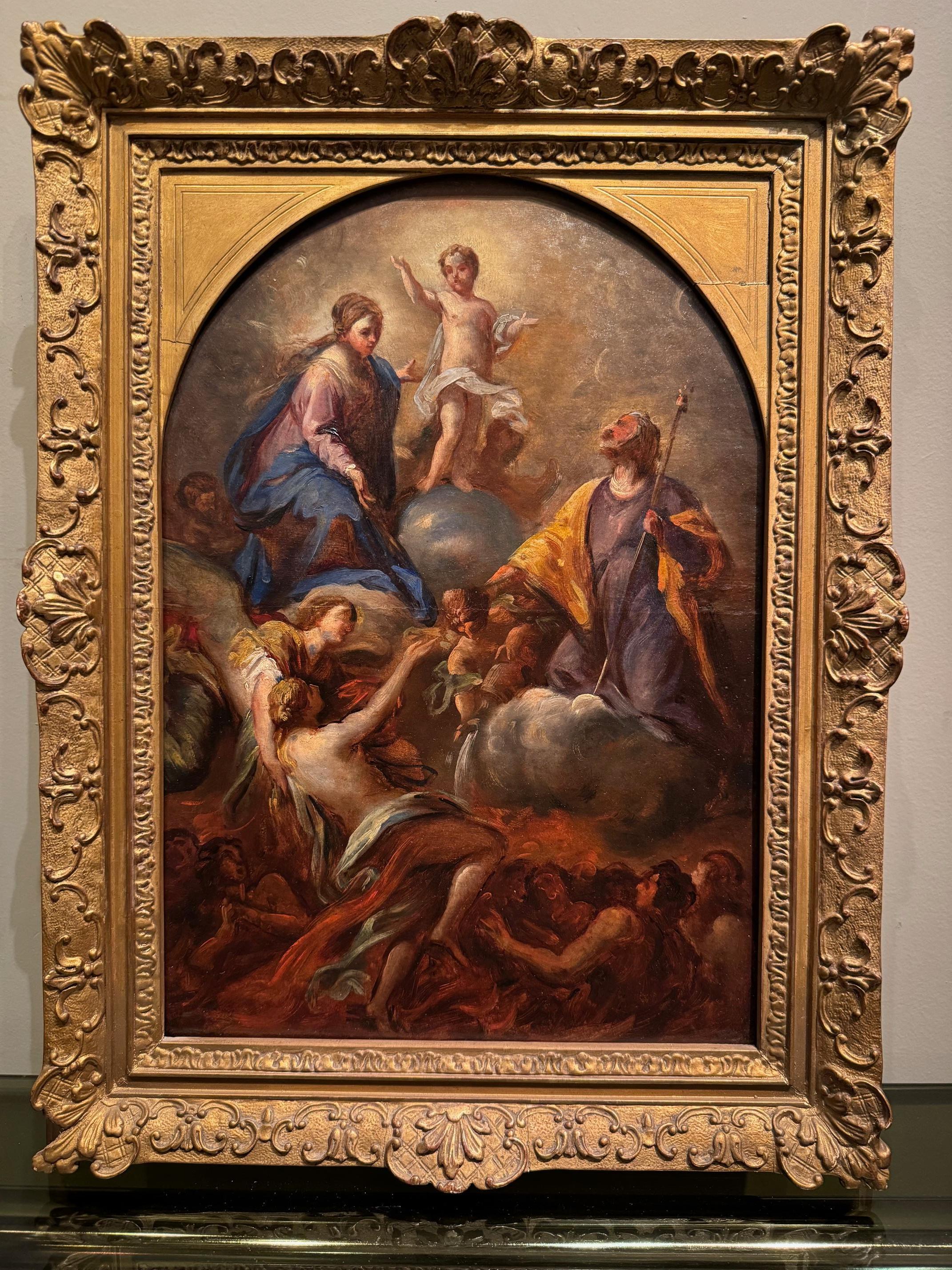 Huile sur panneau représentant le Christ enfant sur le globe, la Vierge Marie et Saint Joseph, tous deux assis sur des nuages. 
Une ancienne étiquette au dos attribue l'œuvre à Parrocel.
Cadre de style Louis XV 51x38
Joseph Parrocel (3 octobre 1646
