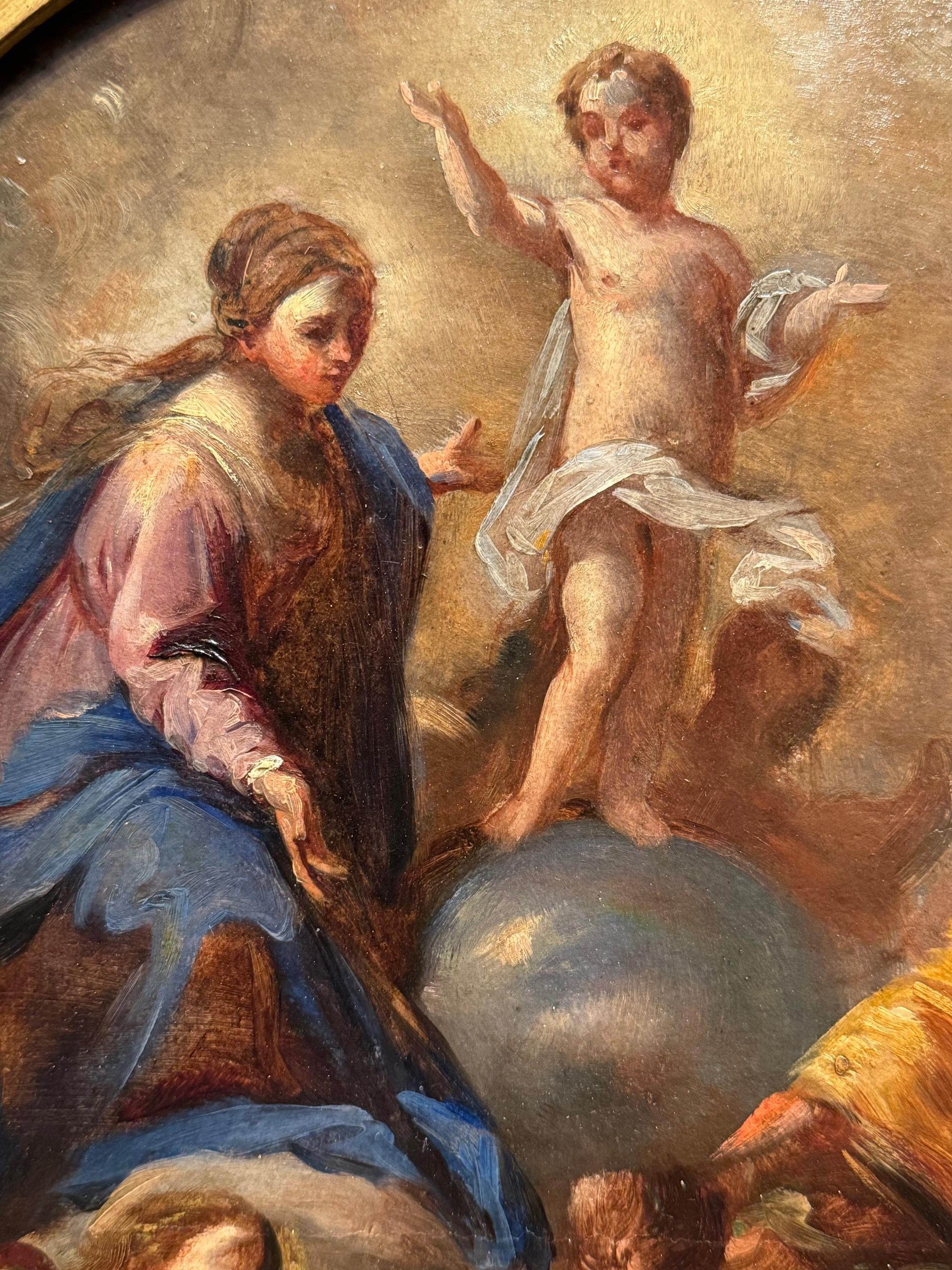 Peint à la main Christ, la Vierge Marie et Saint Joseph Huile sur panneau, 18e siècle.