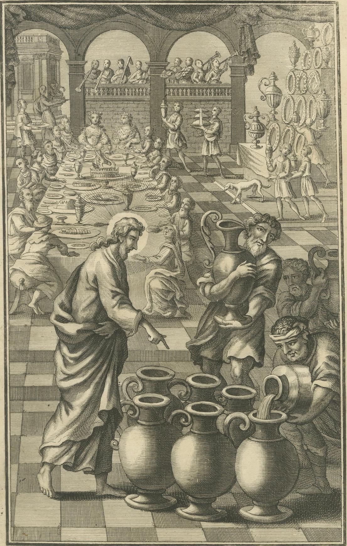 Christus verwandelt Wasser in Wein Kupferstich - Johannes II. Hochzeit zu Kana ca. 1735 im Angebot 3